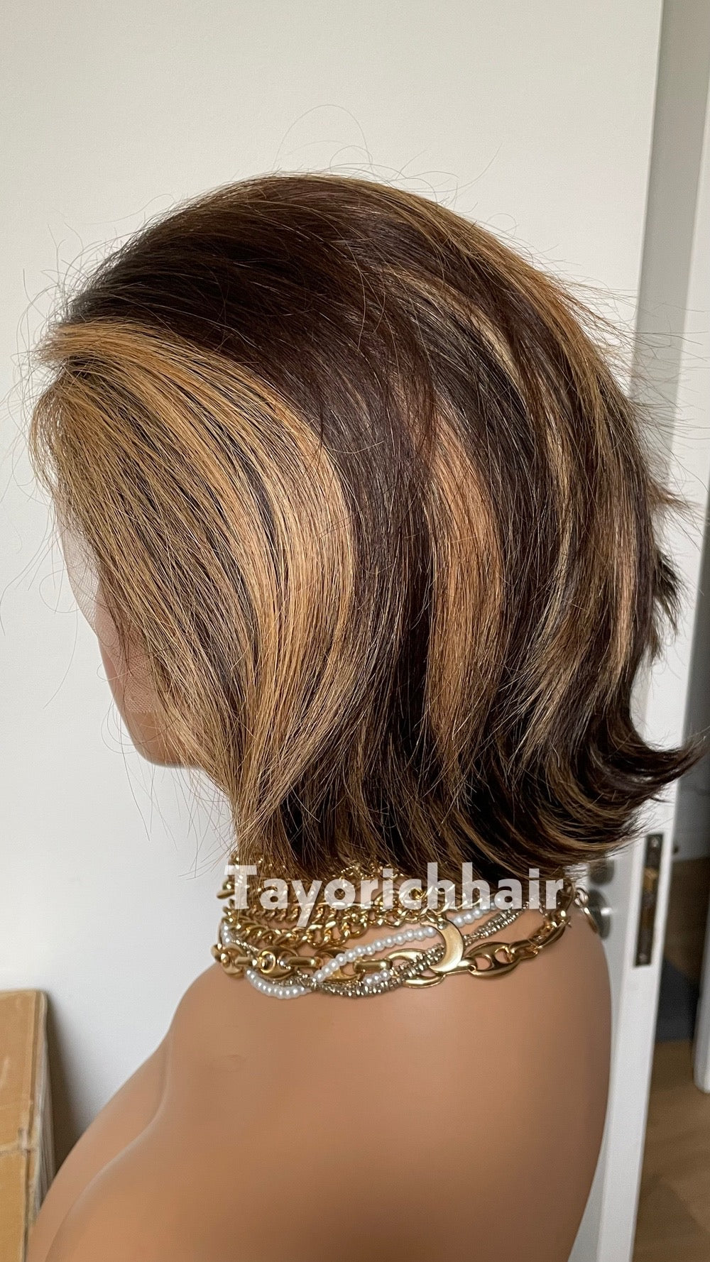 Short Brown Bob Human Hair Wig with Blonde Highlights | Straight 6 Inch Lace Front Wig | Natural Looking Bob Wig