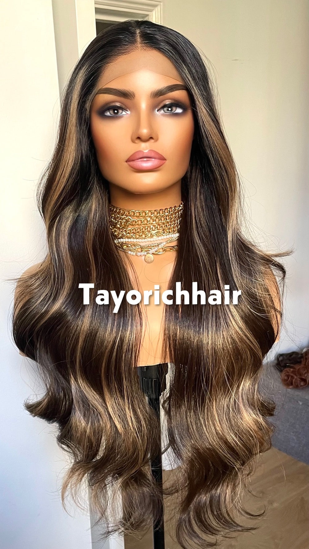 Money Piece Highlights: Dark Brown Wig With Dark Roots, 13by3 Lace Frontal