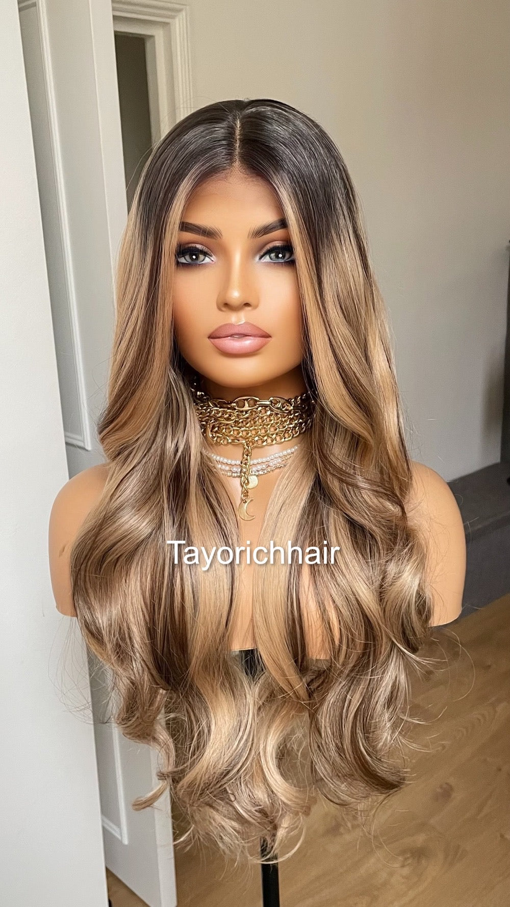 Blonde And Brown Mix Lace Frontal Wig With Dark Roots/ 24 Inches Wavy Hair Wig/ Heat Friendly Synthetic Wigs For Women Hairloss Alopecia