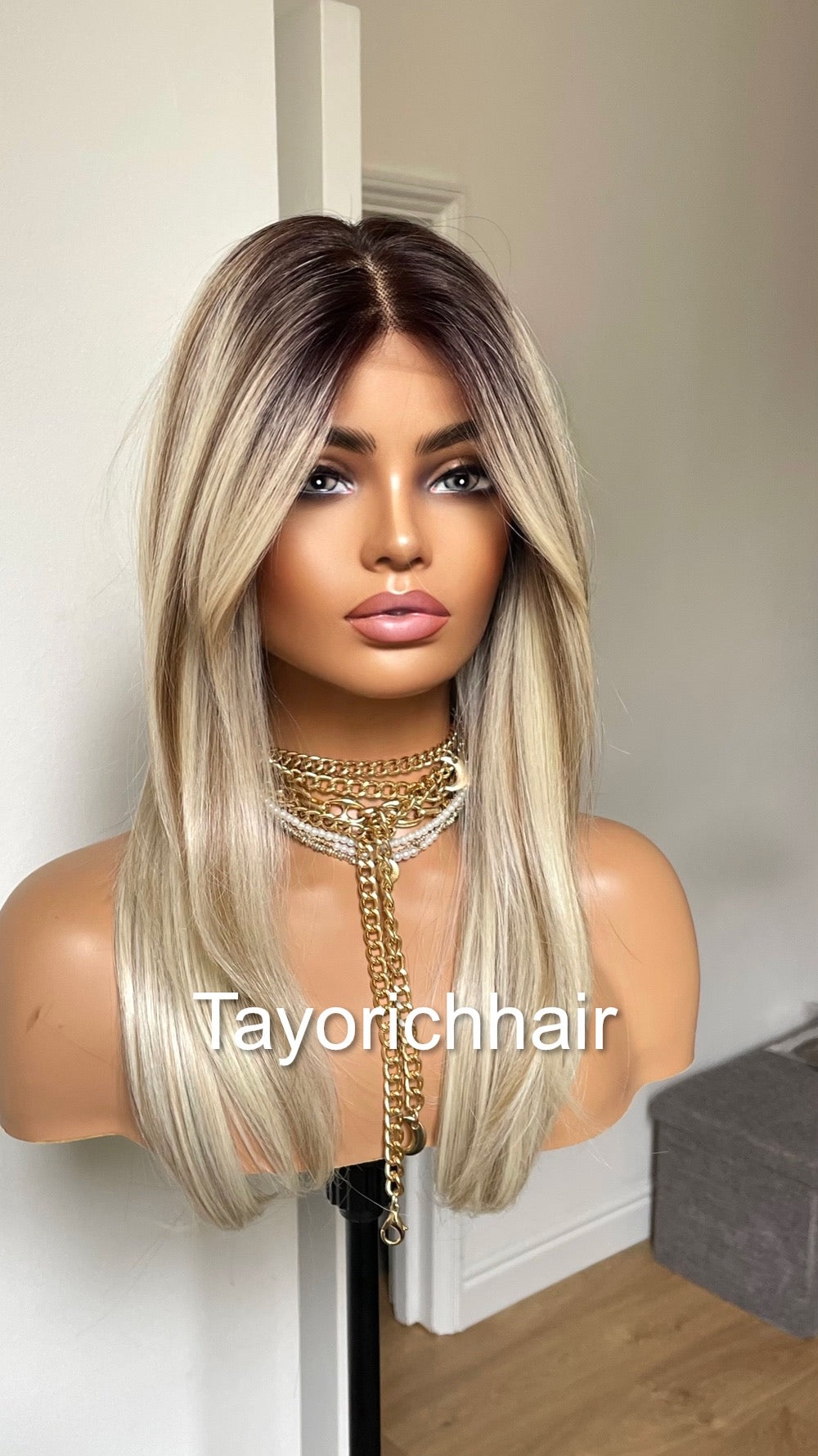 Mixed Blonde Short Wig With Dark Roots/13 By 6 Lace Frontal Wig/Heat Friendly Synthetic Straight Hair Wig In 16 Inches/Tayorichhair Wigs
