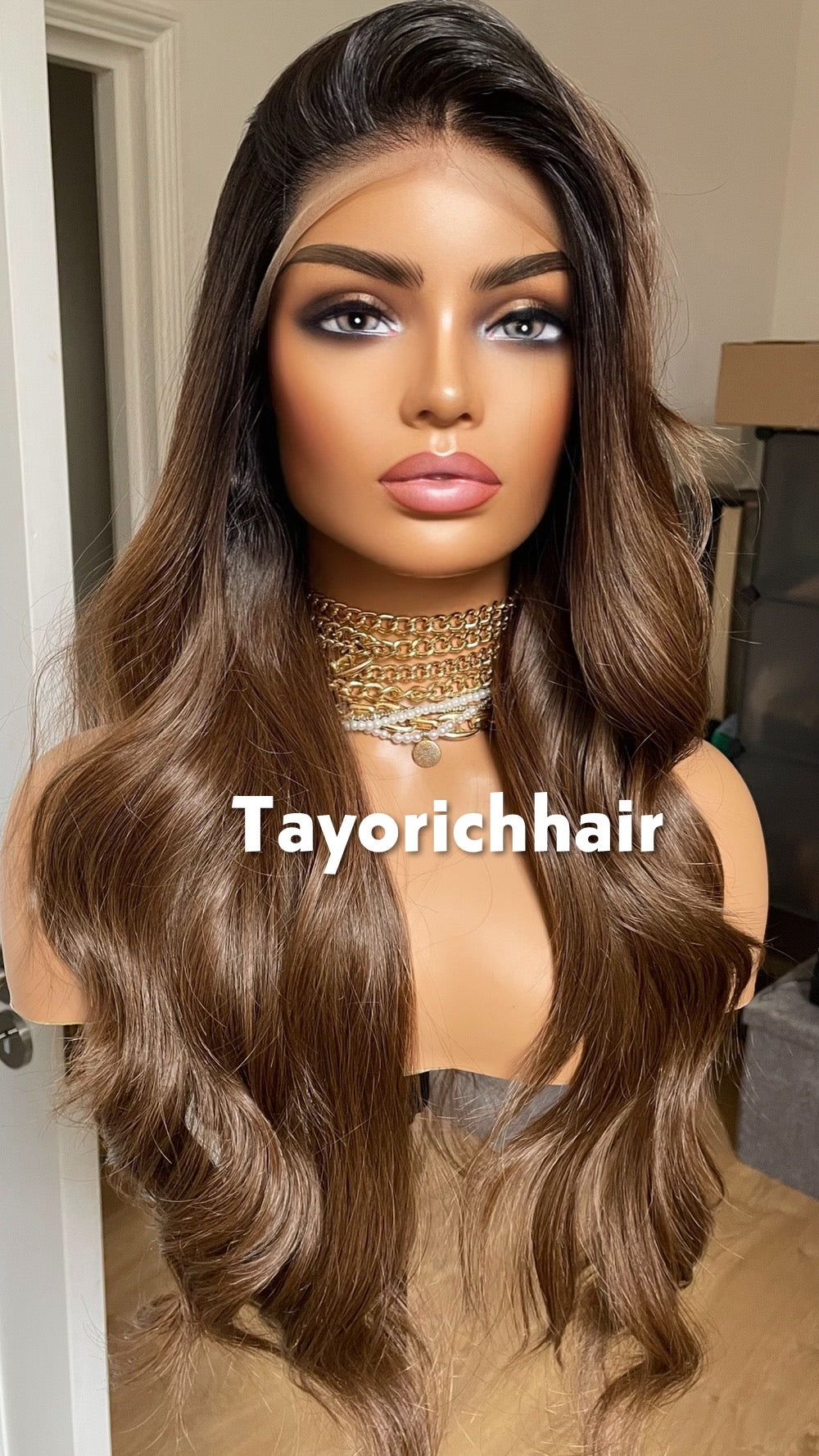 Ash Brown Synthetic Wig; Black Roots.