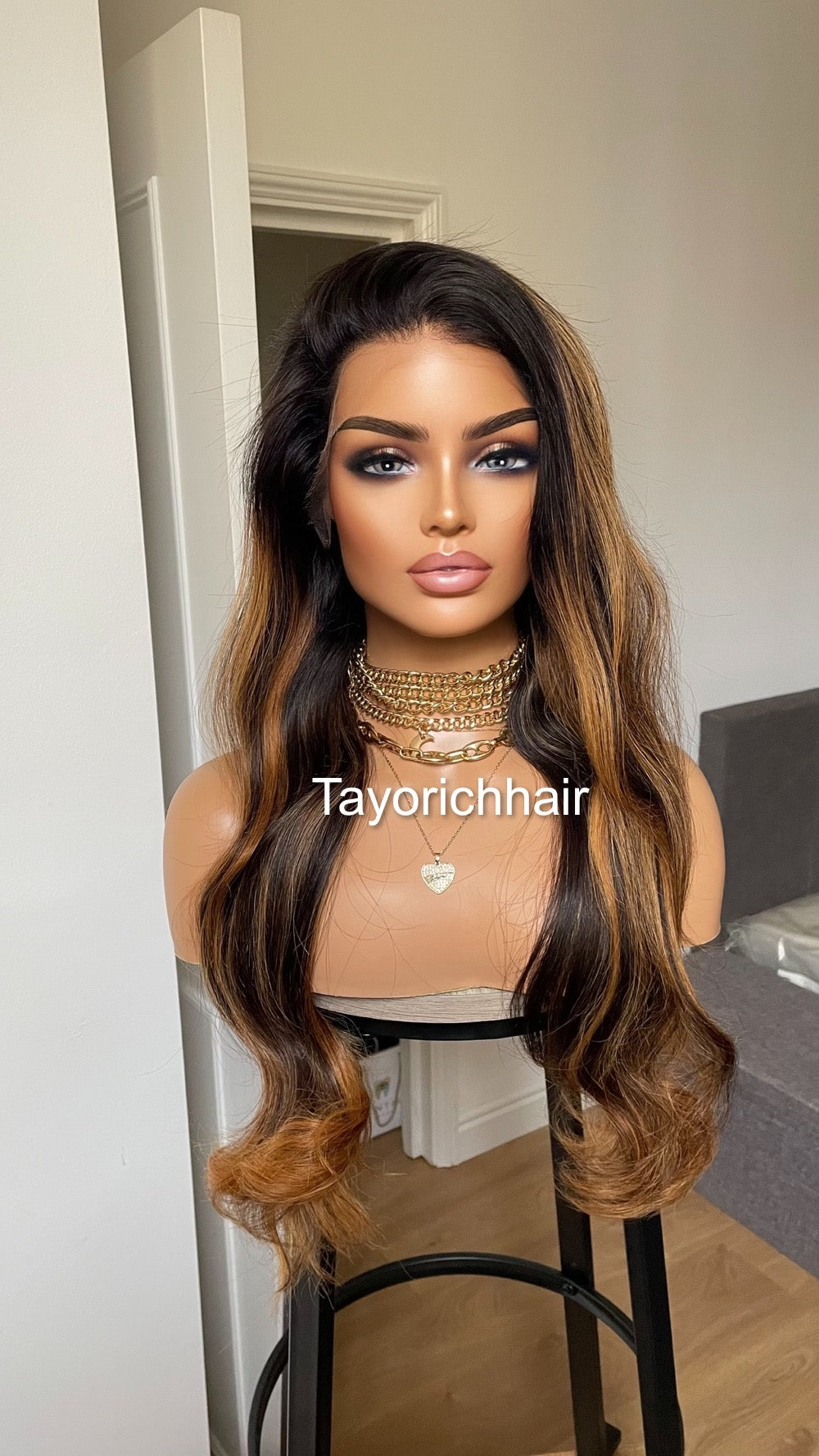 Ombre Black Real Human Hair With Warm Golden Blonde Highlights/ 24 inches Human Hair Lace Wig