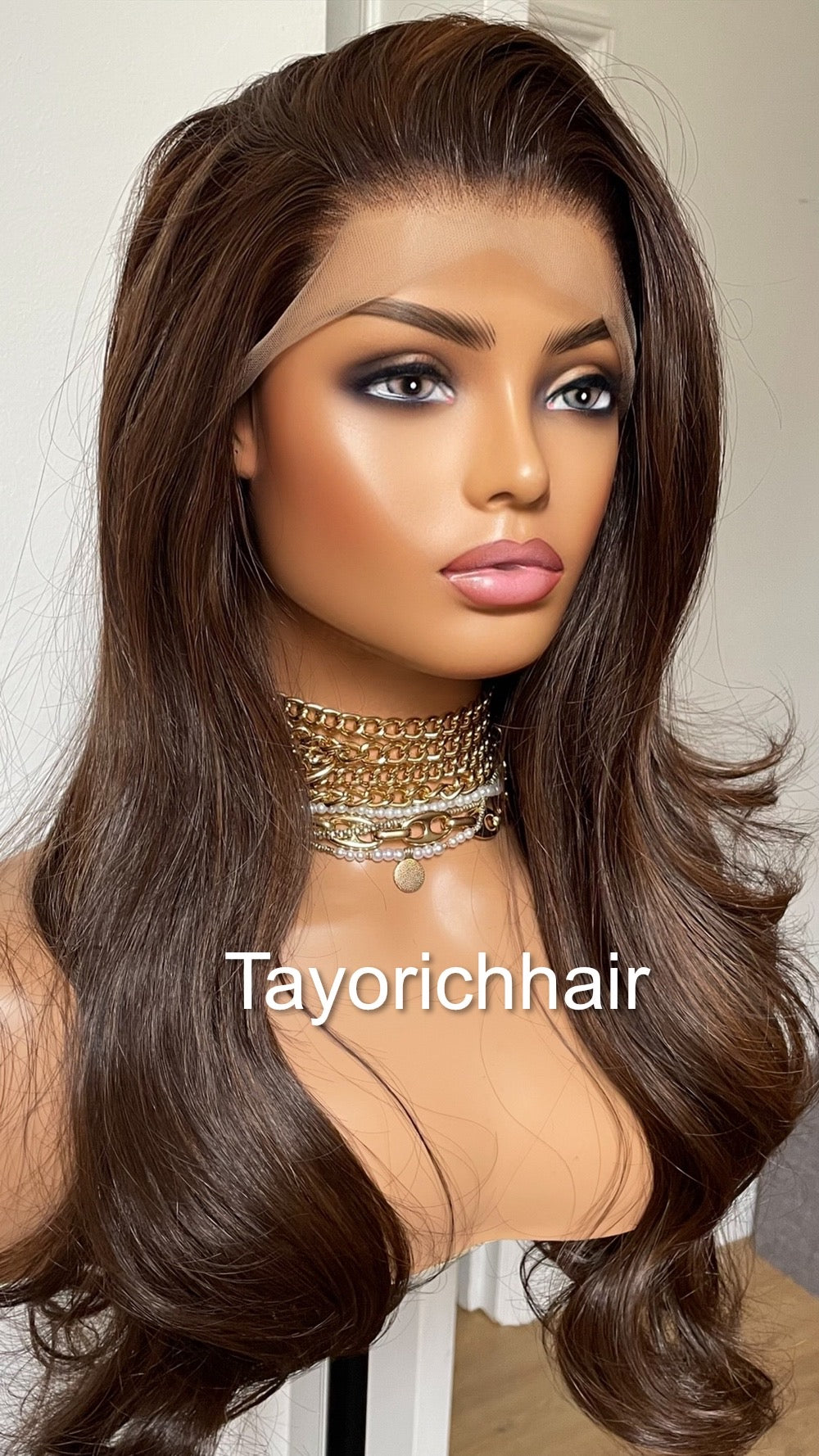 Dark Brown Bouncy Wavy Lace Frontal Wig With Light Brown Highlights-Free Part Heat Friendly Wigs For Women-Tayorichhair Wigs