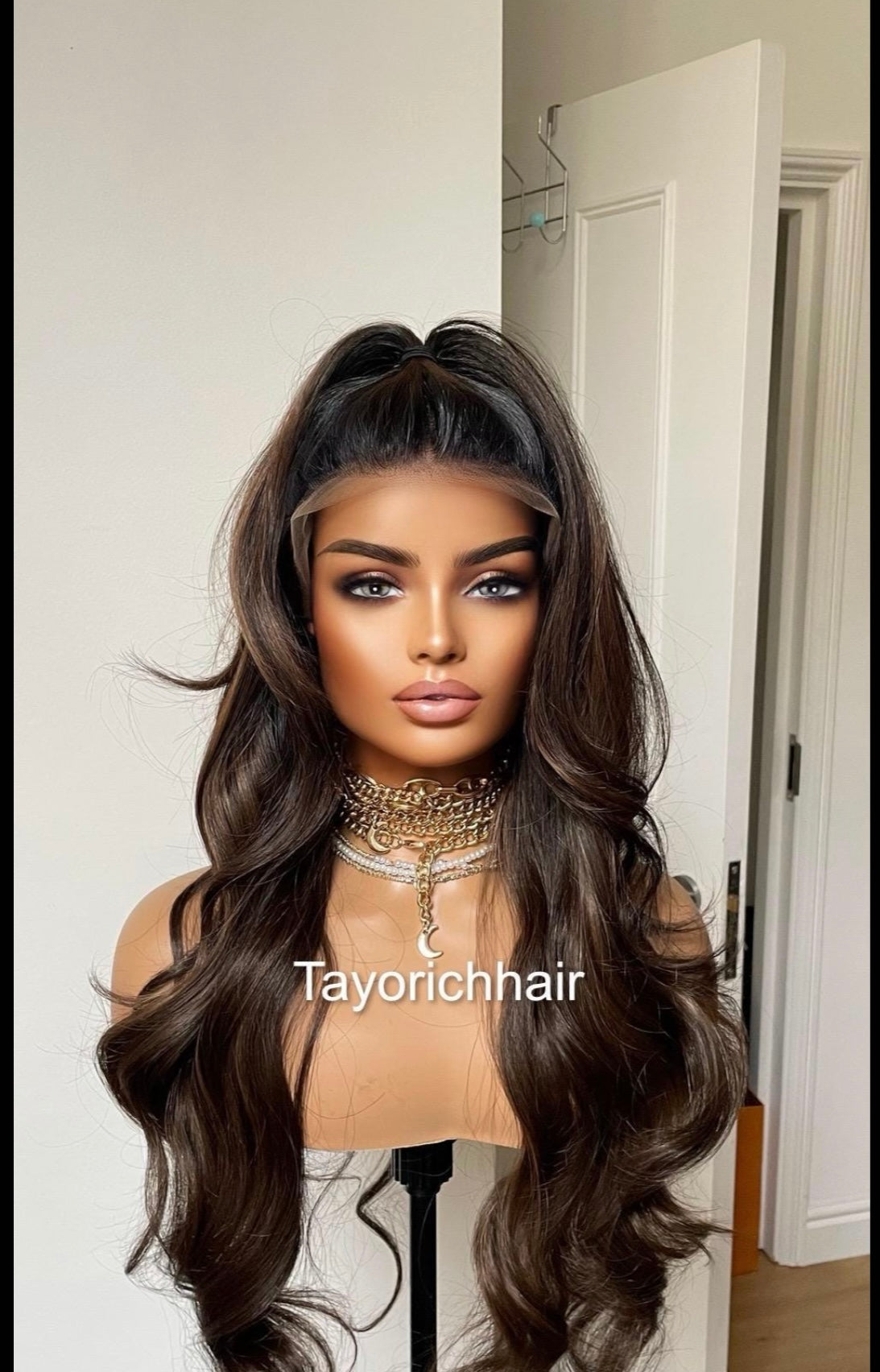 Darkest Brown Wavy Lace Wig: Black Roots, Heat Resistant Synthetic Hair.