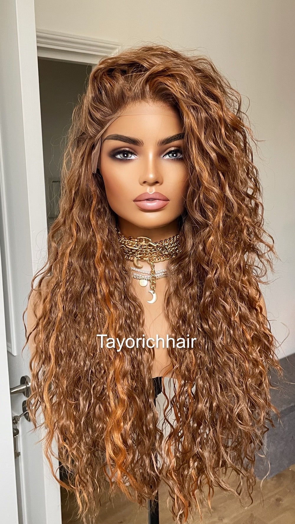 Auburn Red Curly Lace Front Wig With Red Ginger Highlights / Free Part Curly Light Weight Big Hair Wig/ Loose Curly Auburn Reddish Brown Wig
