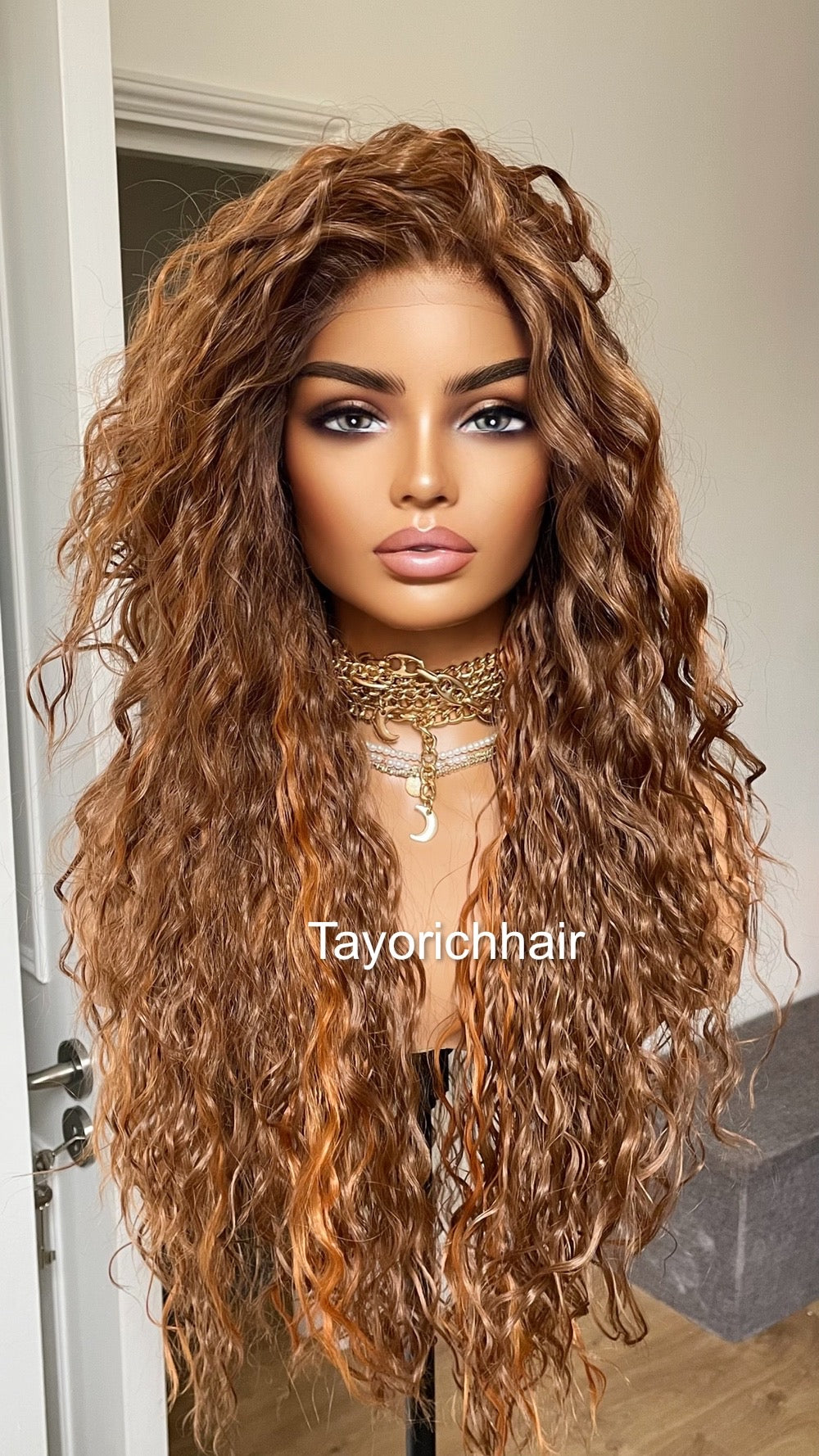 Auburn Red Curly Lace Front Wig With Red Ginger Highlights / Free Part Curly Light Weight Big Hair Wig/ Loose Curly Auburn Reddish Brown Wig