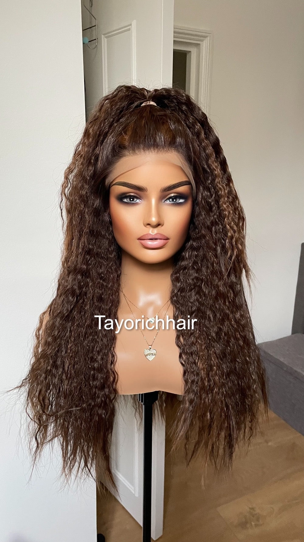 Dark Brown Curly Hair Wig With Highlights/ Loose Exotic Curls Big Hair Synthetic Wig/ Brunette Wigs For Women/ Free Part Lace Wig