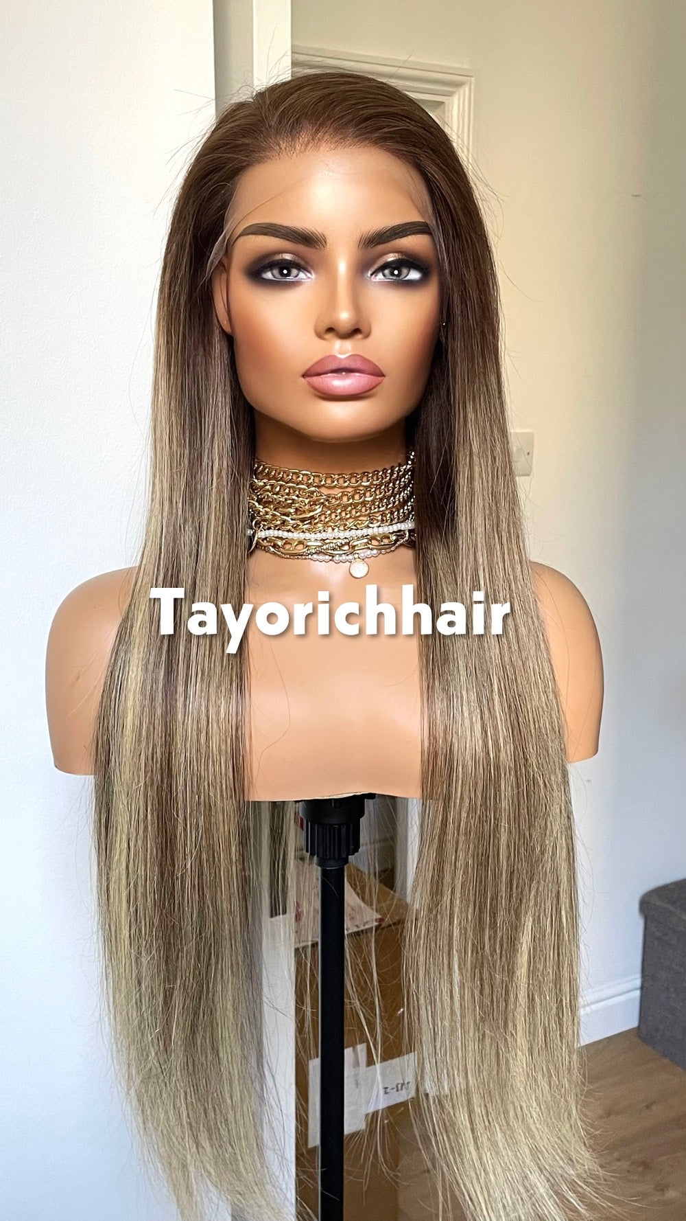 Ombre Balayage Brazilian Human Hair Wig•13x4 HD Lace Wig•Dark Brown Roots 26 Inches Long Straight Hair Wig•Ready To Ship Wig For Hairloss
