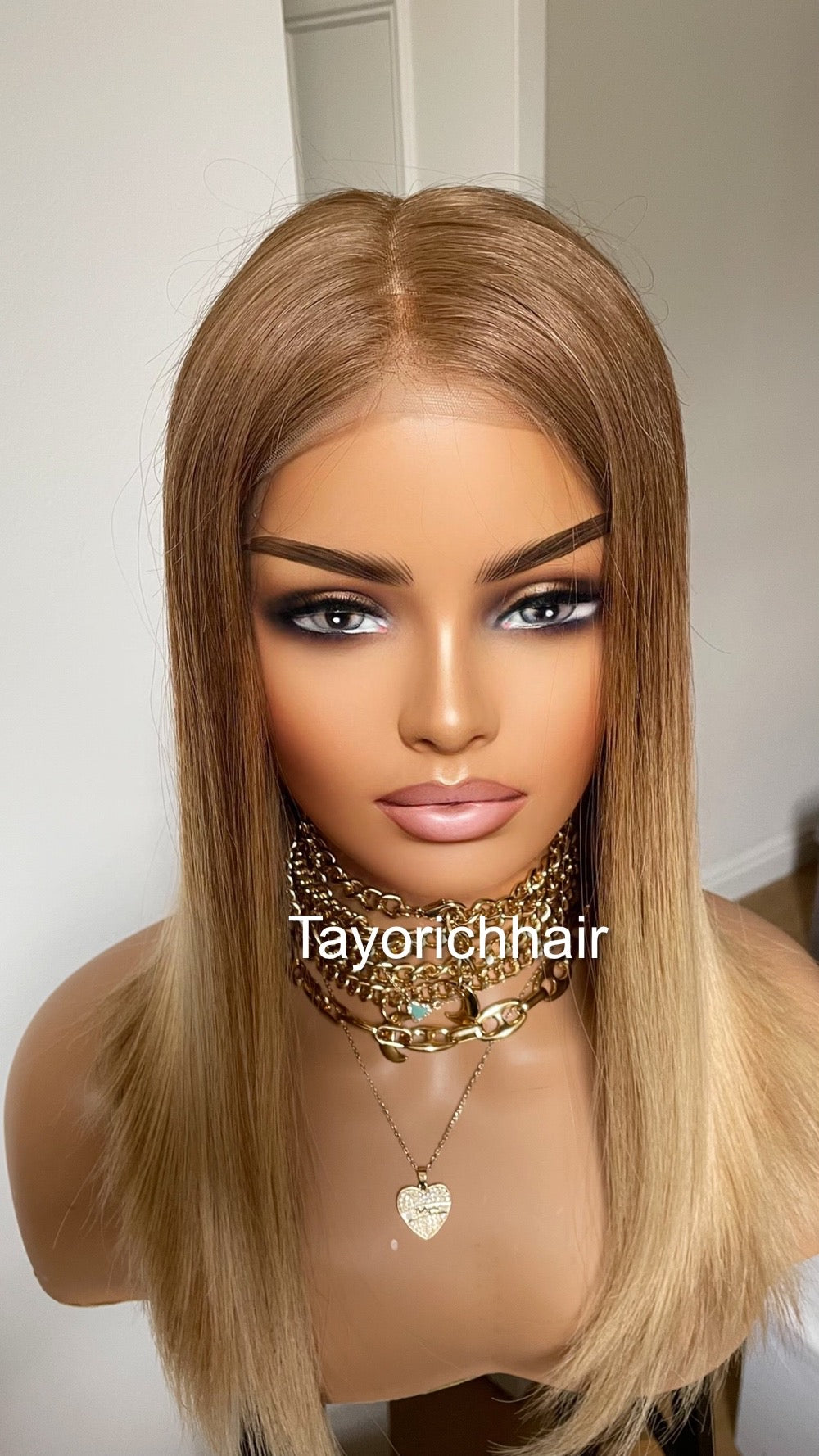 Ombre Warm Blonde Lace Top Human Hair Wig•Europe Hair Wig•16 InchesLuxury Real Hair Wig•Cuticles Aligned Hair With Tiny Knots Straight Hair