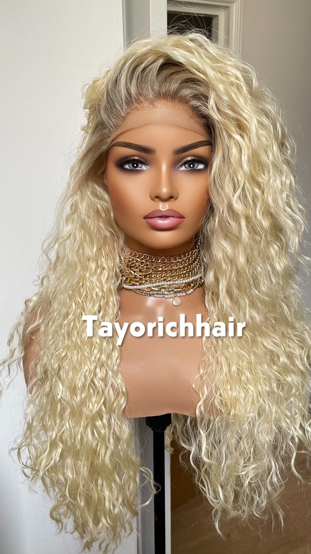 Bleach Blonde Exotic Curly Wig With Dark Roots- Shakira Curly Hair Lace Frontal Wig- Heat Friendly Curly Light Weight Wig By Tayorichhair