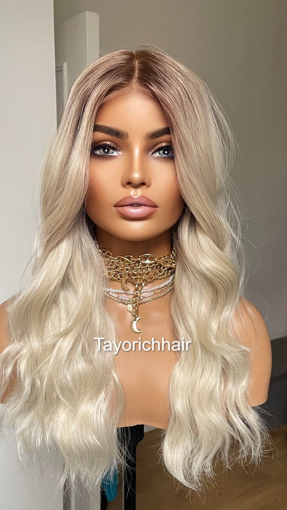 Platinum Blonde Lace Frontal Wig: 16" Loose Waves with Dark Roots