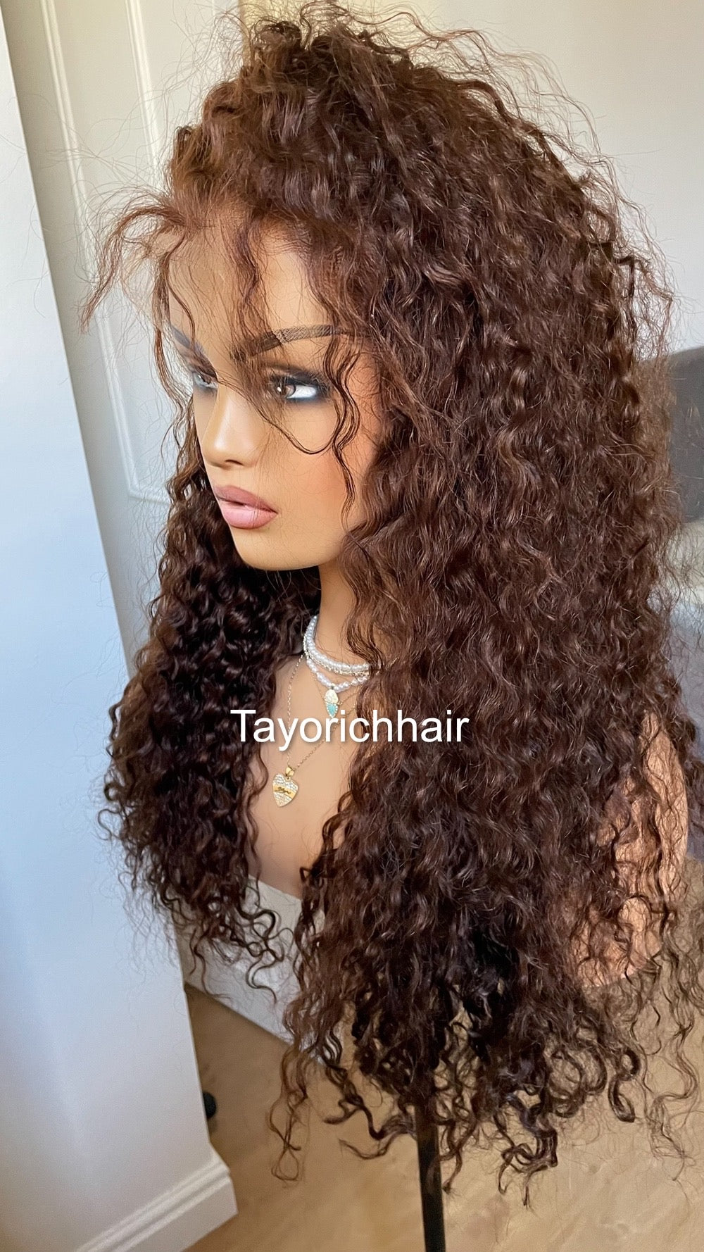 Brunette Brown Human Hair Wig/ Brown Curly Real Hair Wig For Women/ 100 % Human Hair.