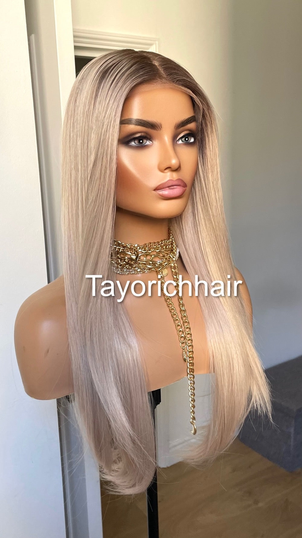 Pearl Blonde Straight Hair Lace Frontal Wig With Dark Roots/ 13 By 6 Lace Wig For Women/ 20 Inches Straight Wig By Tayorichhair