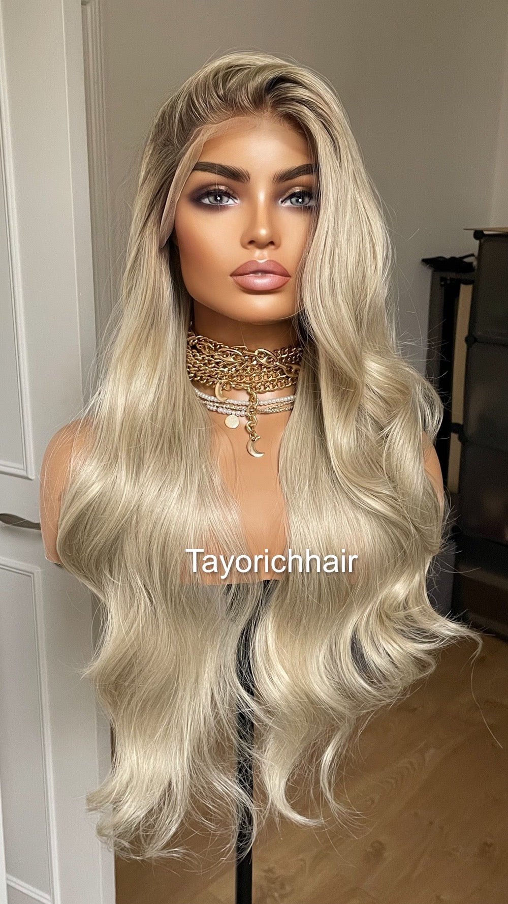 Platinum Blonde Lace Frontal Wig With Dark Ash Roots/Rooted Blonde Heat Friendly Synthetic Wig/ Blonde Bouncy Wavy Wig By Tayorichhair