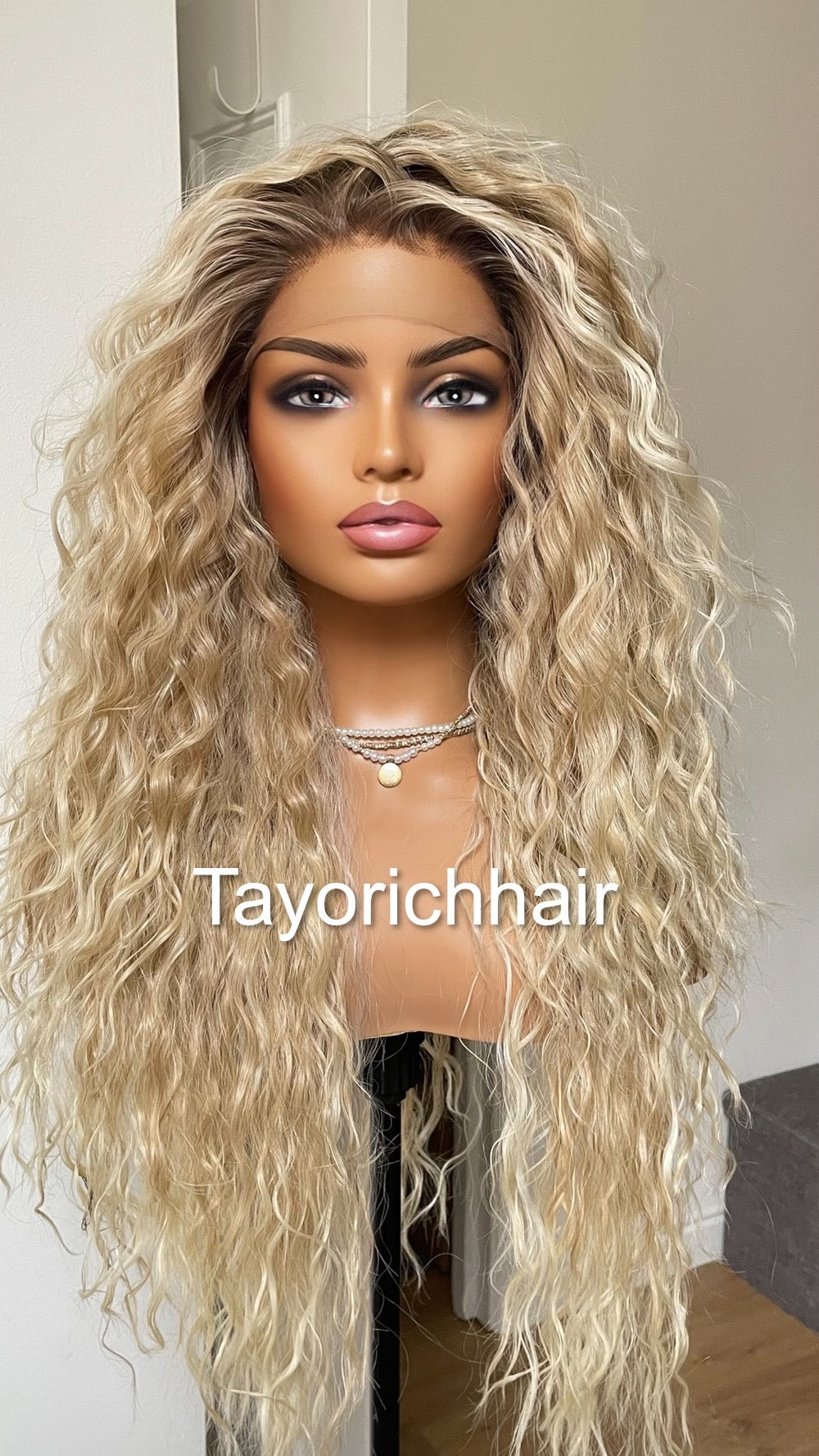 Mixed Blonde Curly Synthetic Lace Frontal Wig With Dark Roots/Lightweight Wig/Small Cap Size Long Curly Hair Wigs For Women By Tayorichhair