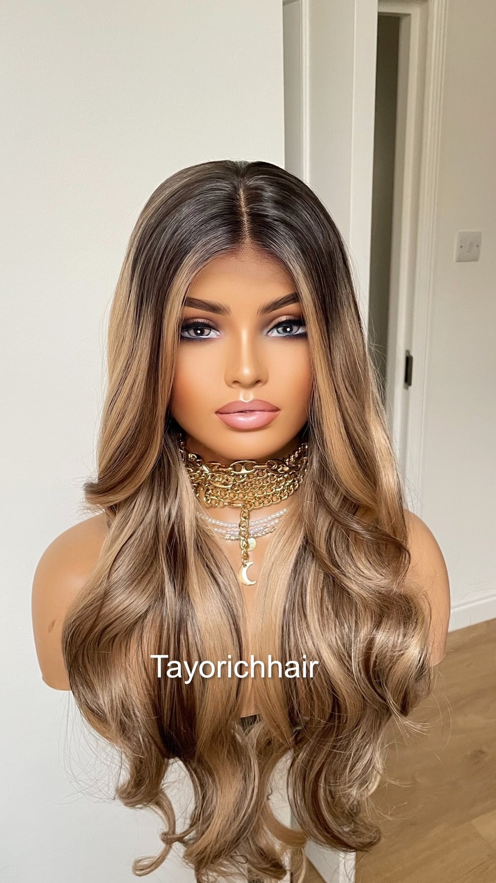 Blonde And Brown Mix Lace Frontal Wig With Dark Roots/ 24 Inches Wavy Hair Wig/ Heat Friendly Synthetic Wigs For Women Hairloss Alopecia