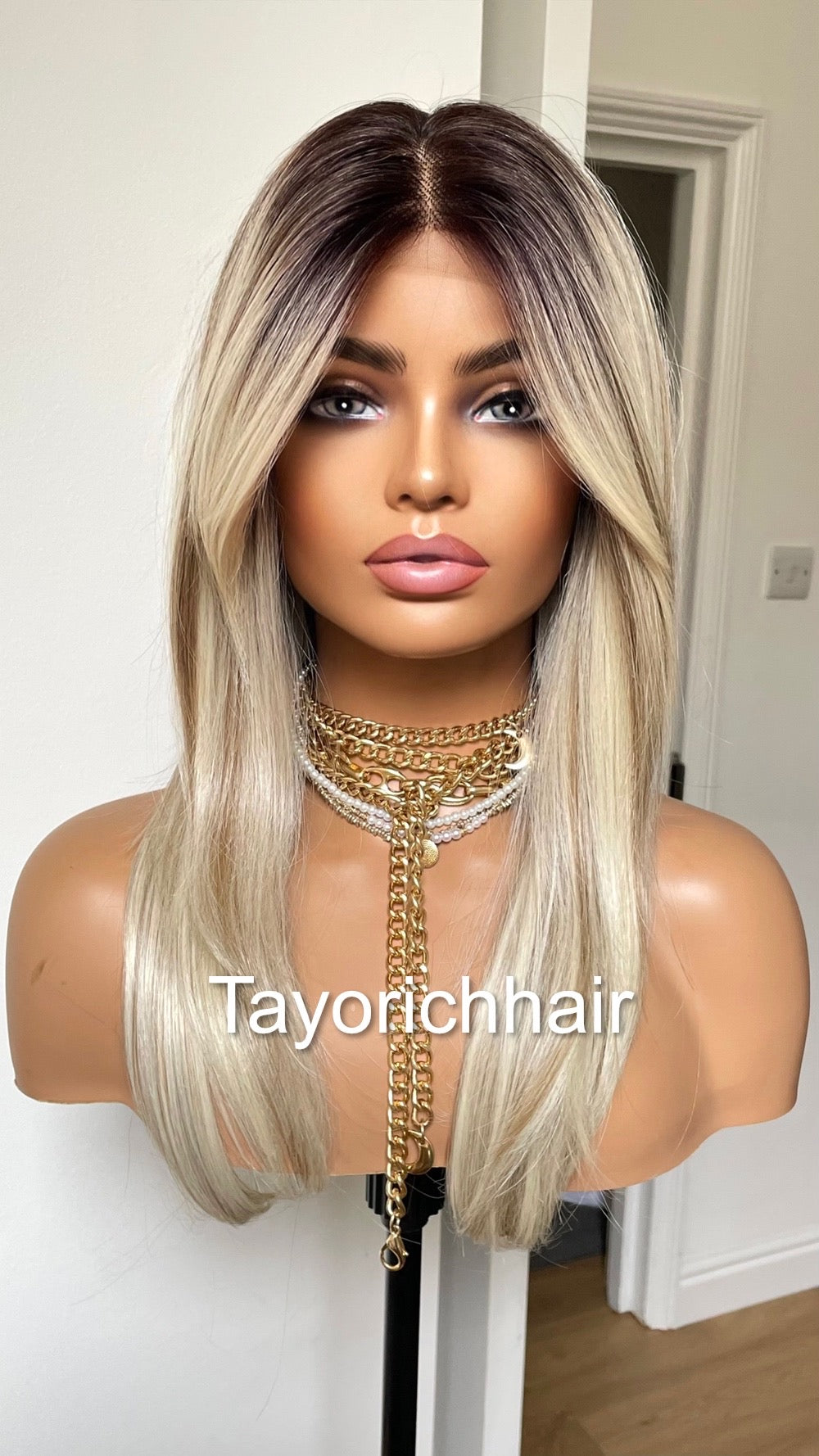 Mixed Blonde Short Wig With Dark Roots/13 By 6 Lace Frontal Wig/Heat Friendly Synthetic Straight Hair Wig In 16 Inches/Tayorichhair Wigs