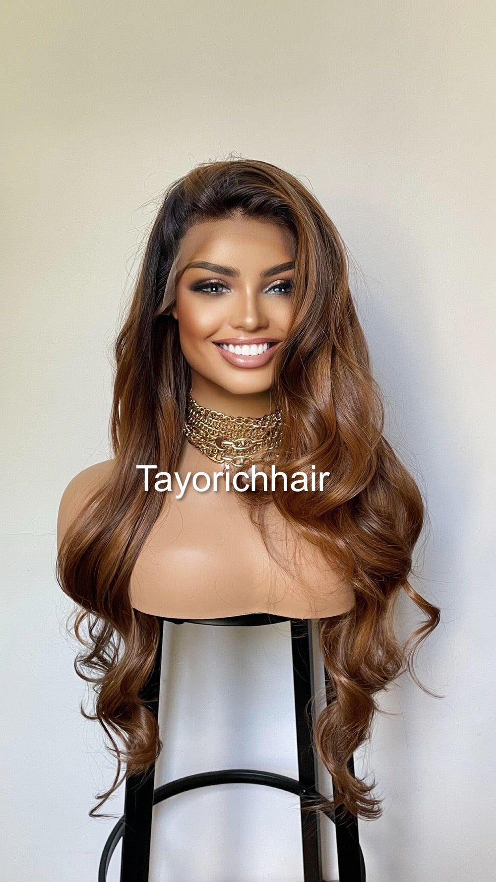 Golden Caramel Blonde Highlights Wig With Black Roots/ Soft Bouncy Wavy Lush Synthetic Wig With 13x4 Middle Part Ear To Ear Lace Front Wig