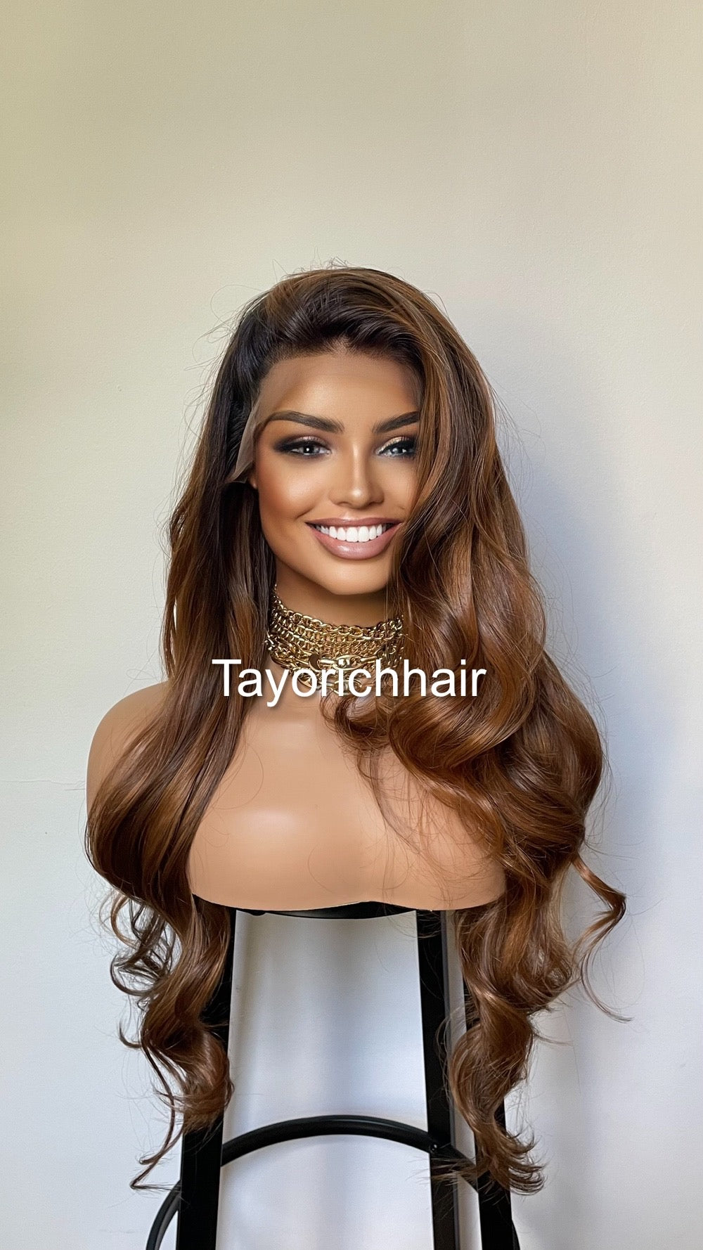 Golden Caramel Blonde Highlights Wig With Black Roots/ Soft Bouncy Wavy Lush Synthetic Wig With 13x4 Middle Part Ear To Ear Lace Front Wig