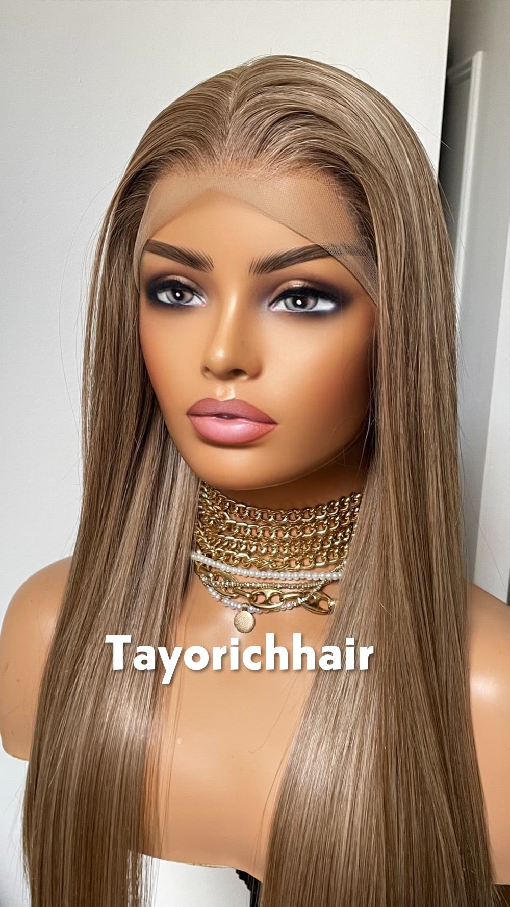 Long Elegant Mixed Dark And Natural Ash Blonde Hair Wig|Straight Blonde Heat Friendly Wig|Free Part Handtied Lace Front Wig|Natural Wigs