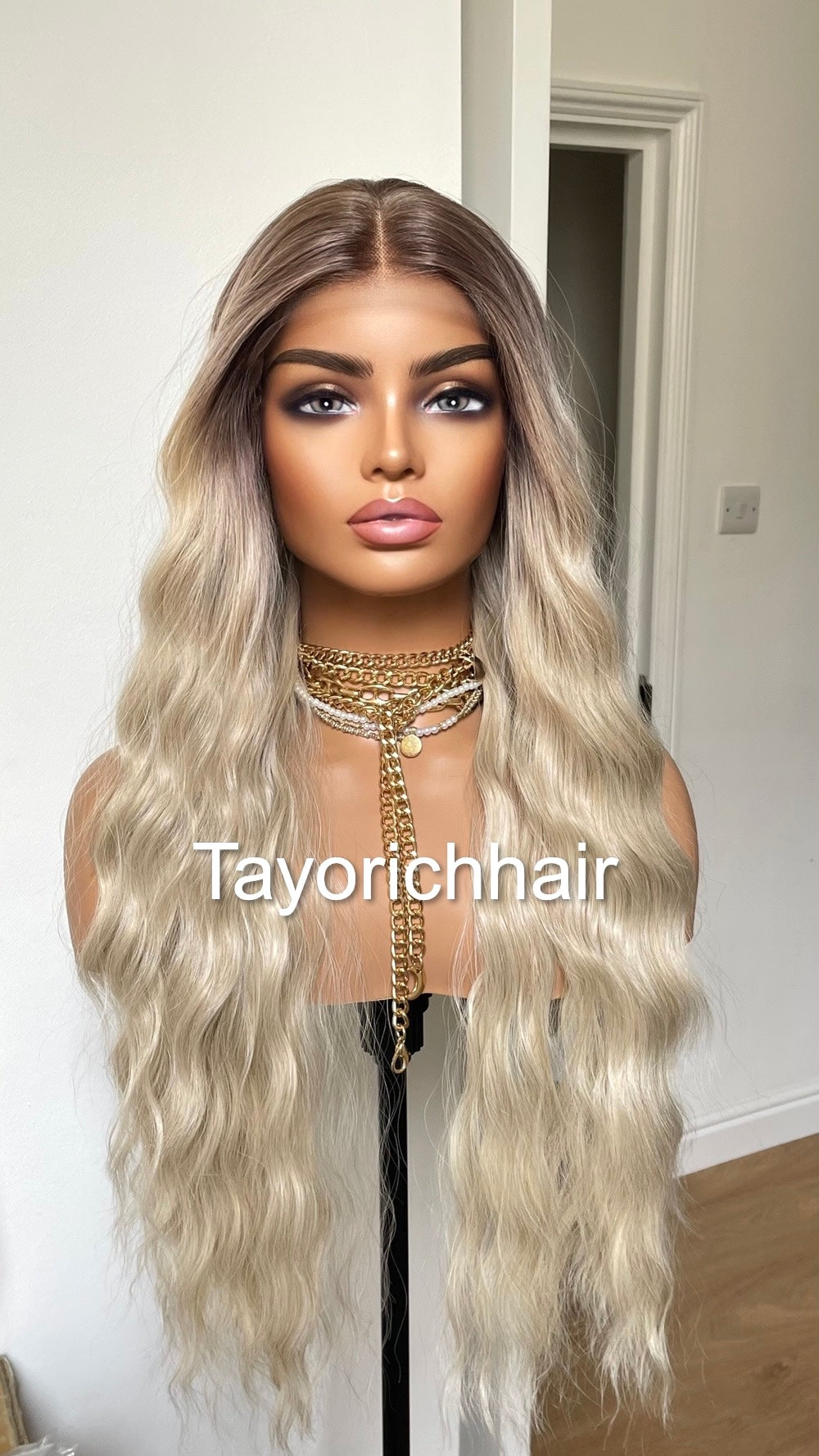 Sun Kissed Platinum Blonde Lace Wig With Dark Roots/13 By 6 Wide Lace Heat Safe Synthetic Wig/Beach Waves Blonde Hair Wig By Tayorichhair