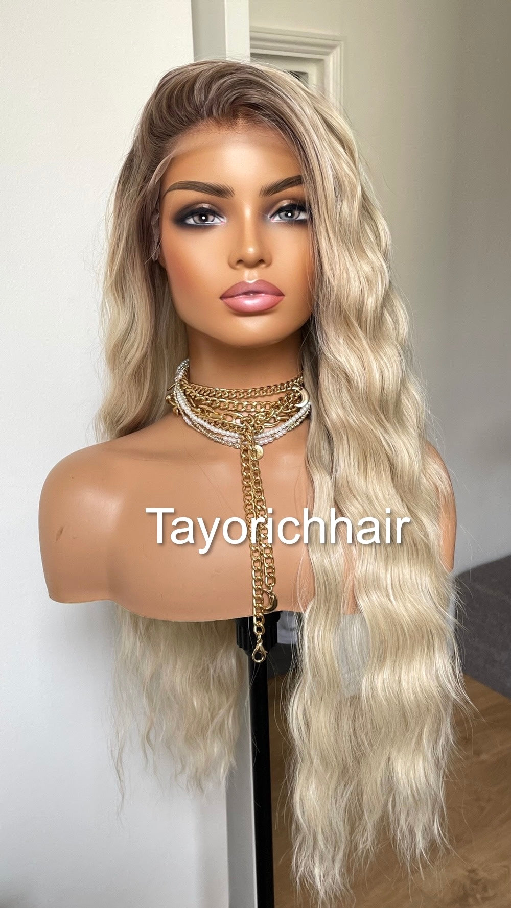 Sun Kissed Platinum Blonde Lace Wig With Dark Roots/13 By 6 Wide Lace Heat Safe Synthetic Wig/Beach Waves Blonde Hair Wig By Tayorichhair