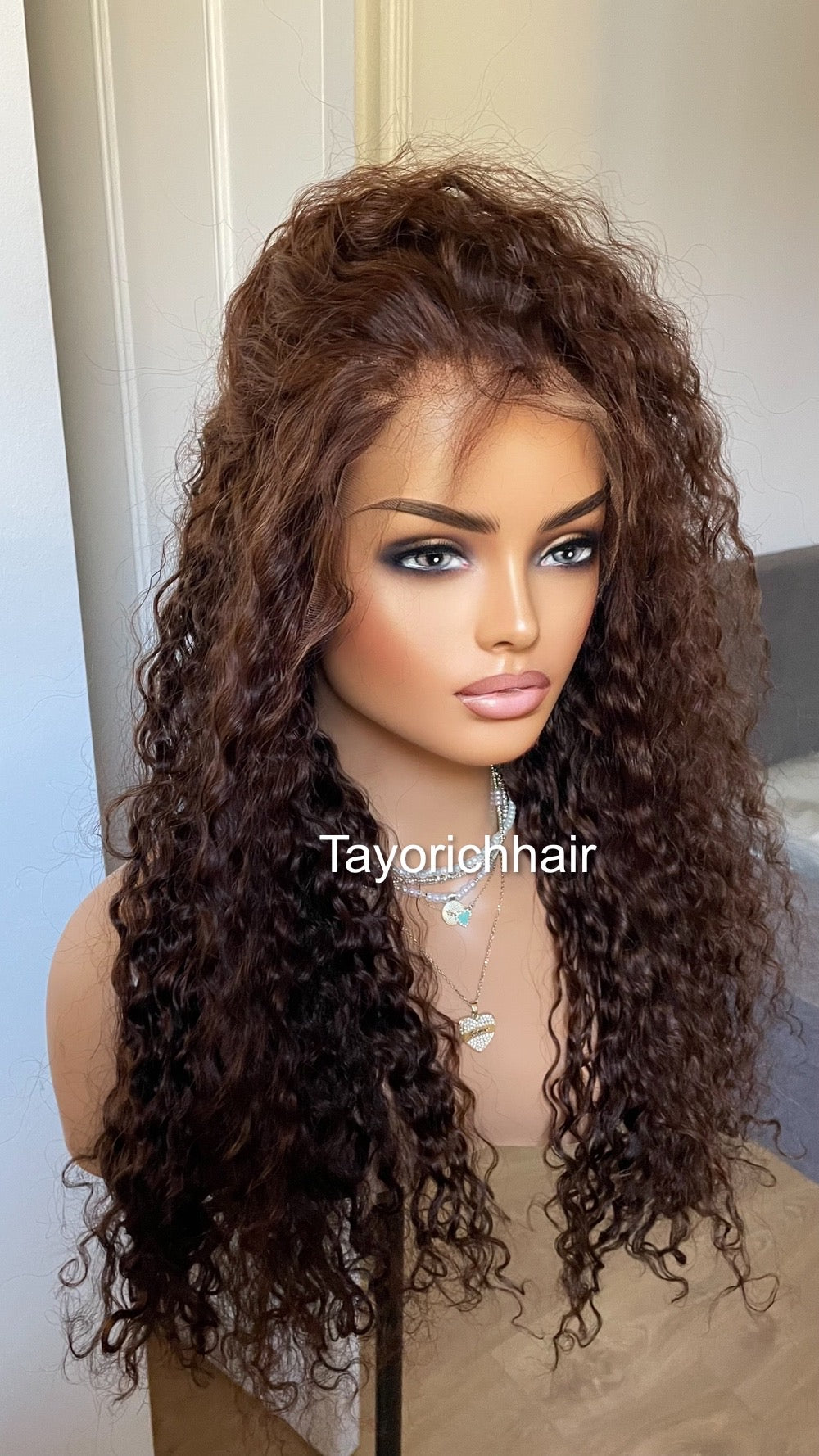Brunette Brown Human Hair Wig/ Brown Curly Real Hair Wig For Women/ 100 % Human Hair.