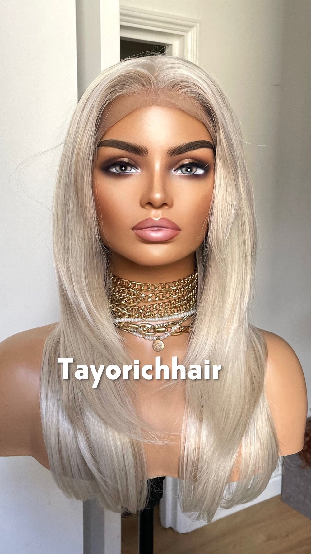 Scandinavian Platinum Blonde Lace Frontal Wig: Lowlights Heat-Friendly Synthetic Wig, 16 Inch Hair By Tayorichhair