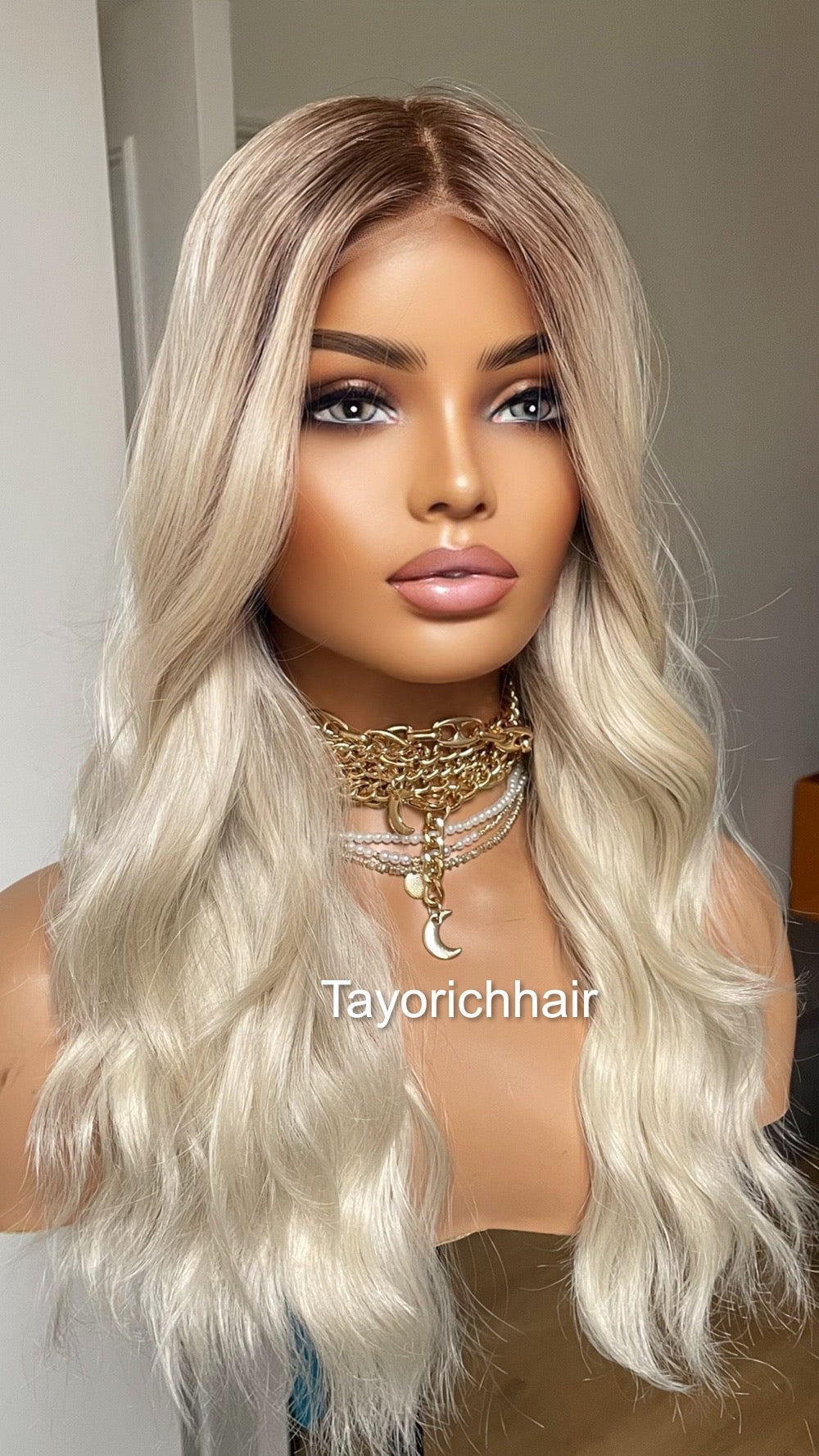 Platinum Blonde Lace Frontal Wig: 16" Loose Waves with Dark Roots