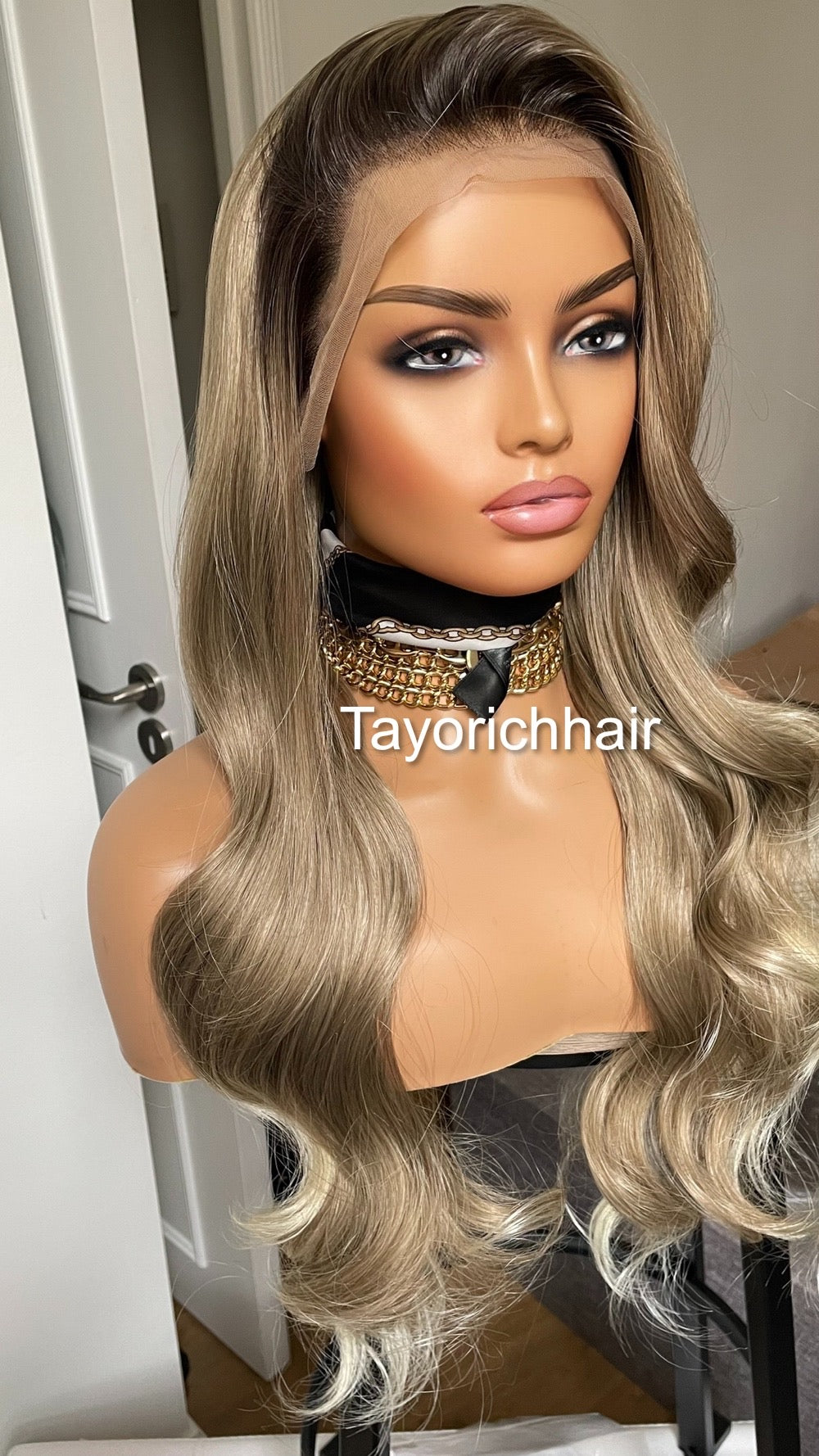 Dark Ash Blonde Synthetic Wig With Dark Roots