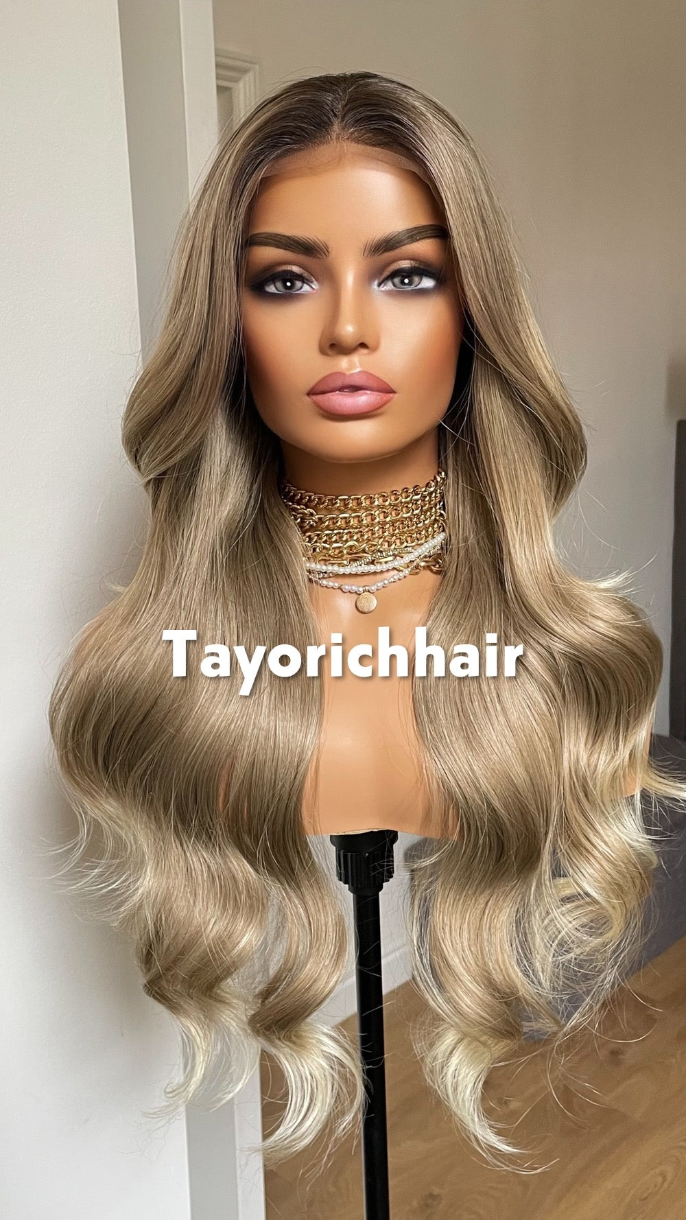 Dark Ash Blonde Synthetic Wig With Dark Roots/24 Inches Wavy Hair Lace Frontal Wig By Tayorichhair.
