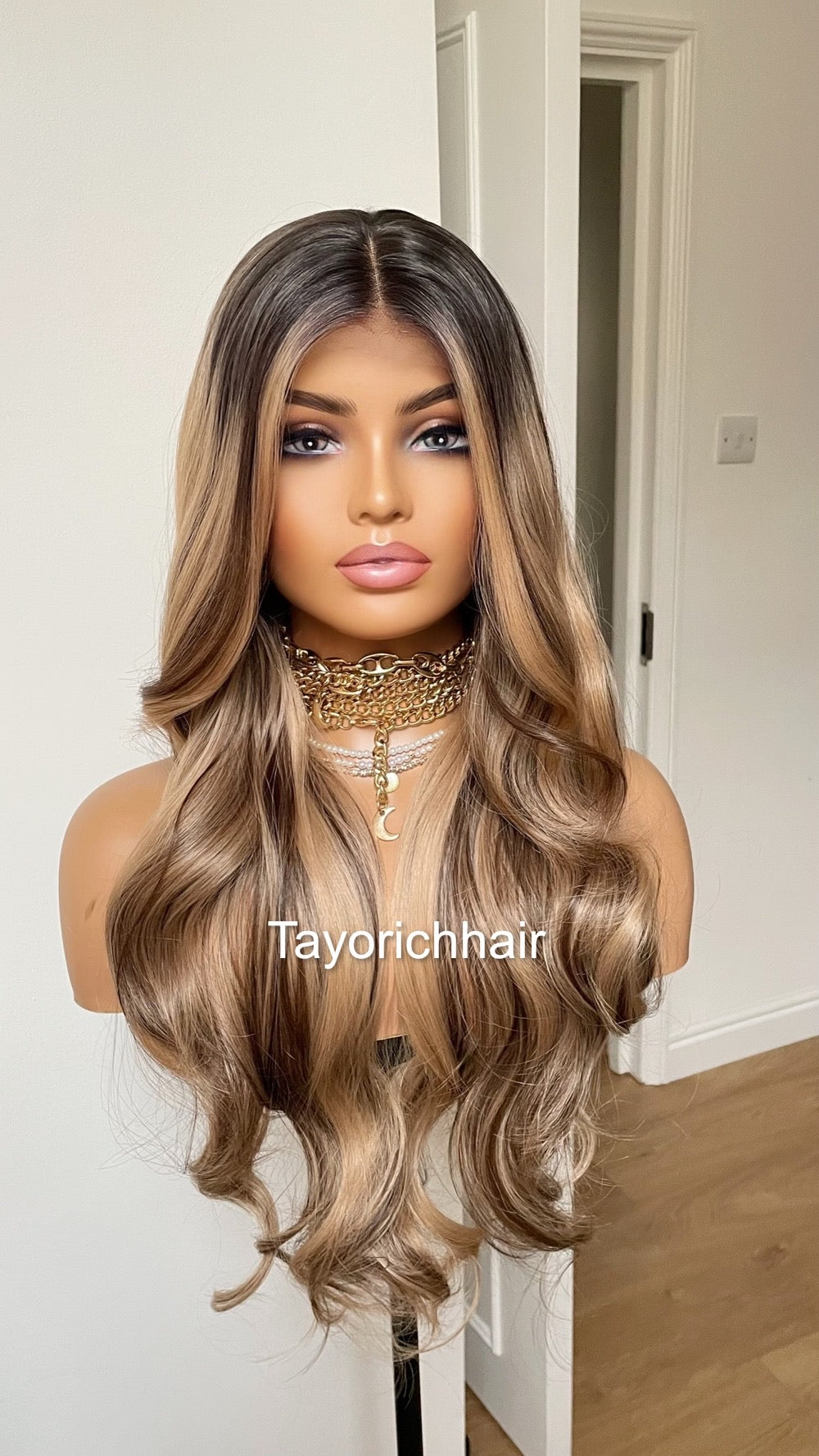 Blonde And Brown Mix Lace Frontal Wig With Dark Roots/ 24 Inches Wavy Hair Wig/ Heat Friendly Synthetic Wigs For Women Hairloss Alopecia