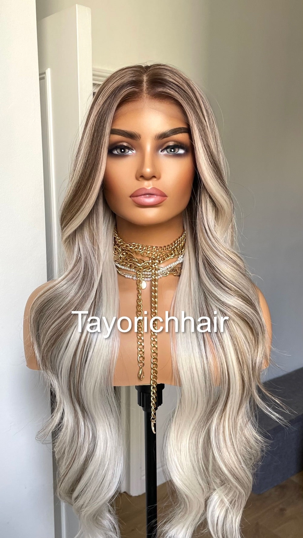 Blonde And Brown Mix Lace Wig/Heat Friendly Synthetic Wigs For Women/Platinum Blonde And Dark Brown Wavy Long Hair Wig By Tayorichhair