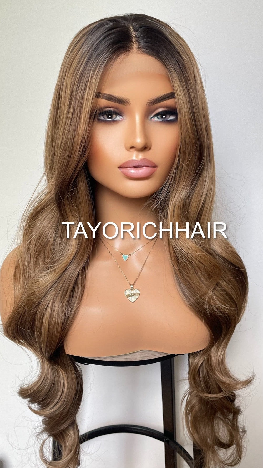 Balayage Mixed Bronzy Blonde Heat Safe Lace Front Synthetic Wig/ Dark Roots/ Long Bouncy Wavy Hair/ Average Cap Size/ Wigs For Women Hair