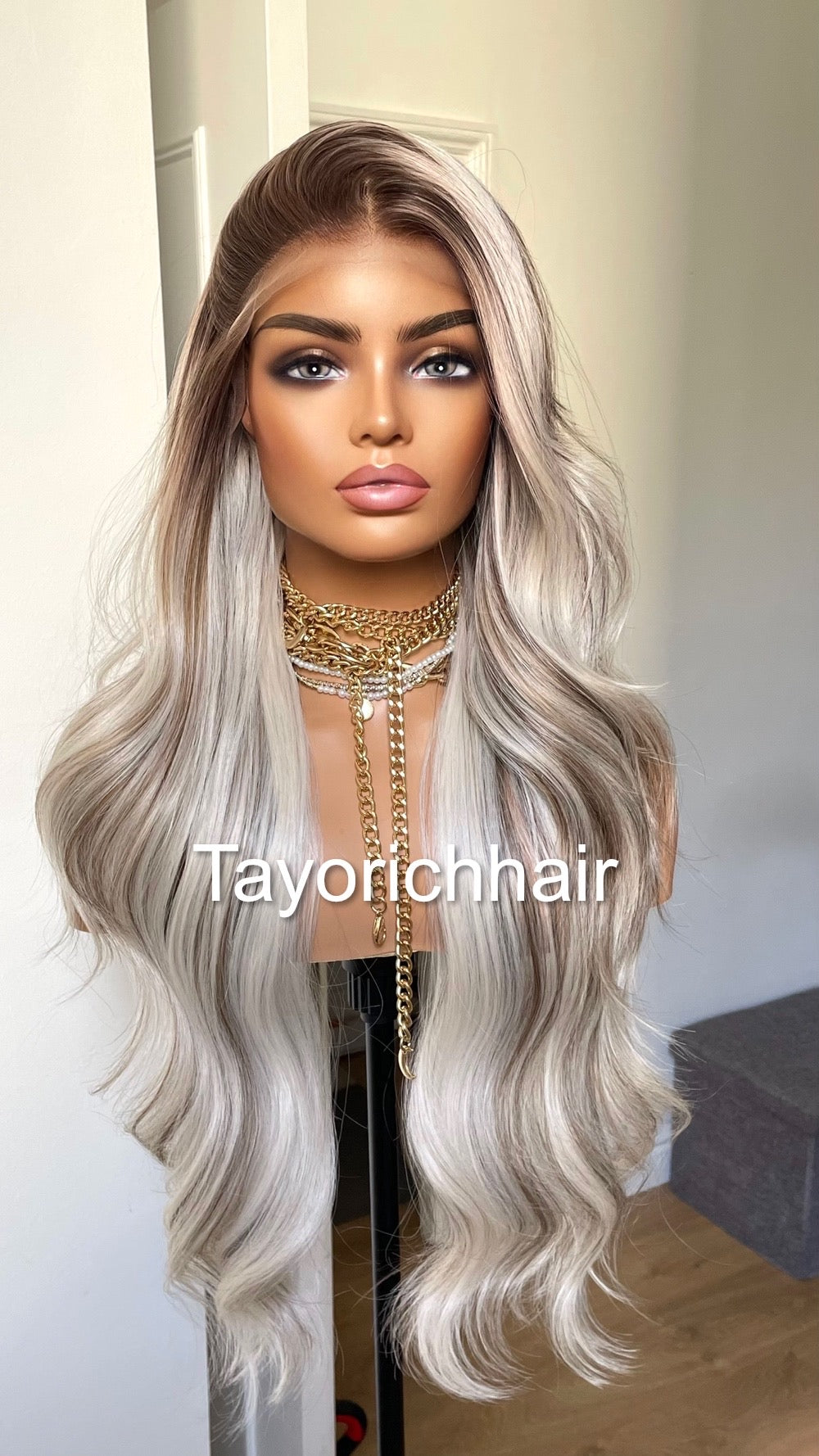 Blonde And Brown Mix Lace Wig/Heat Friendly Synthetic Wigs For Women/Platinum Blonde And Dark Brown Wavy Long Hair Wig By Tayorichhair