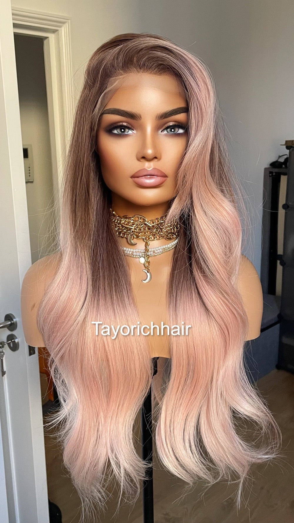 Ombre Baby Pink Lace Frontal Wig With Dark Brown Roots/ 13 by 6 Wide Lace Frontal/Pink Synthetic Wig/ Pink Wavy Hair wig By Tayorichhair
