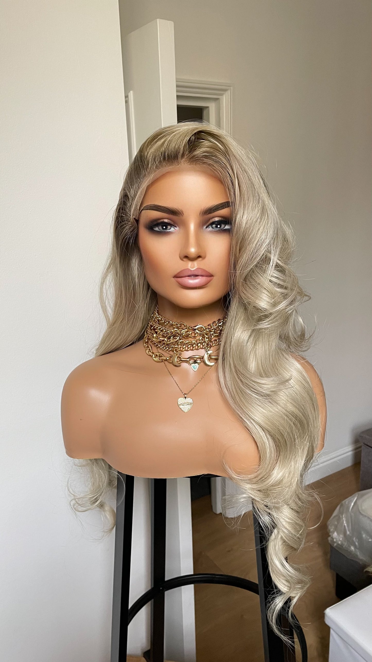 Platinum Blonde Lace Frontal Wig With Dark Ash Roots/Rooted Blonde Heat Friendly Synthetic Wig/ Blonde Bouncy Wavy Wig By Tayorichhair