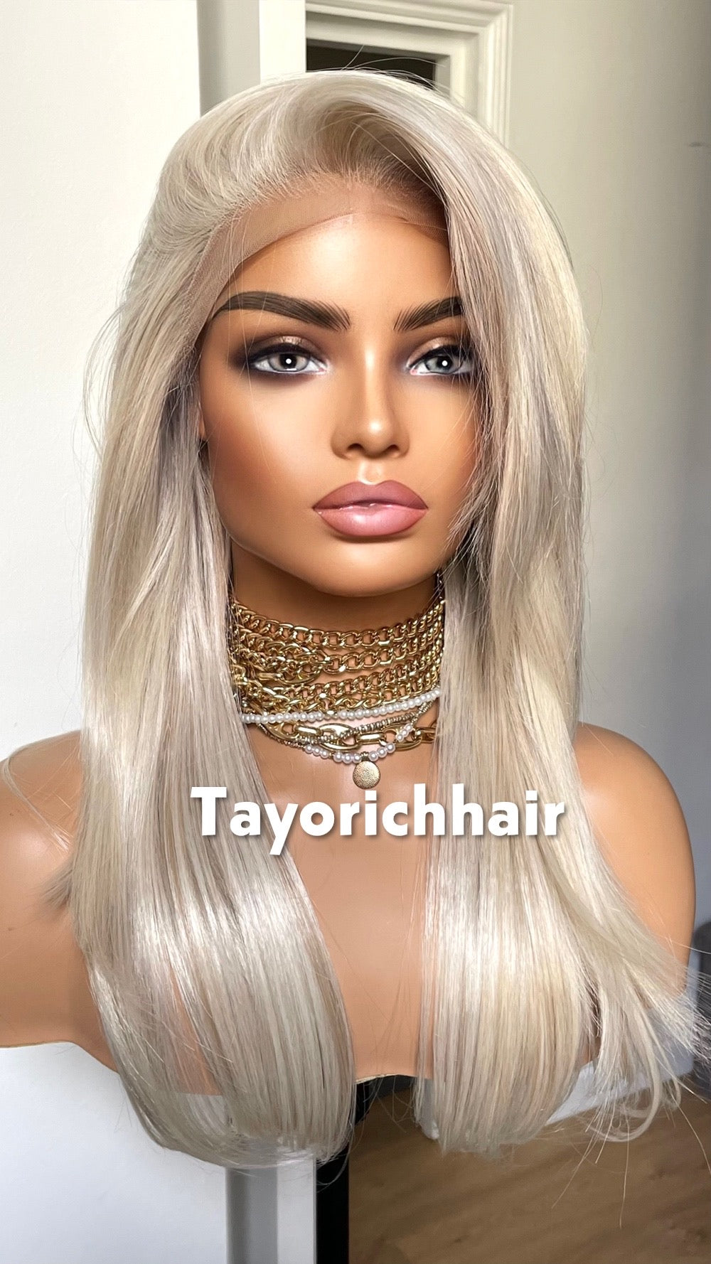 Scandinavian Platinum Blonde Lace Frontal Wig: Lowlights Heat-Friendly Synthetic Wig, 16 Inch Hair By Tayorichhair