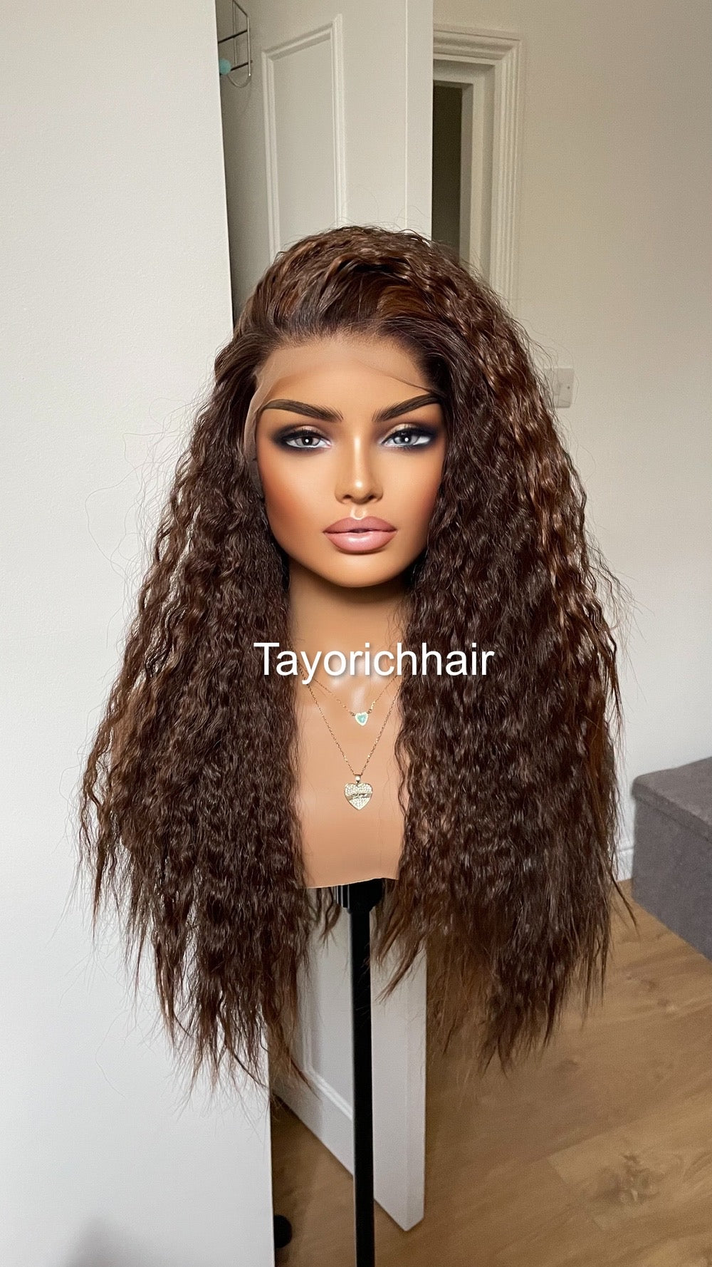 Dark Brown Curly Hair Wig With Highlights/ Loose Exotic Curls Big Hair Synthetic Wig/ Brunette Wigs For Women/ Free Part Lace Wig