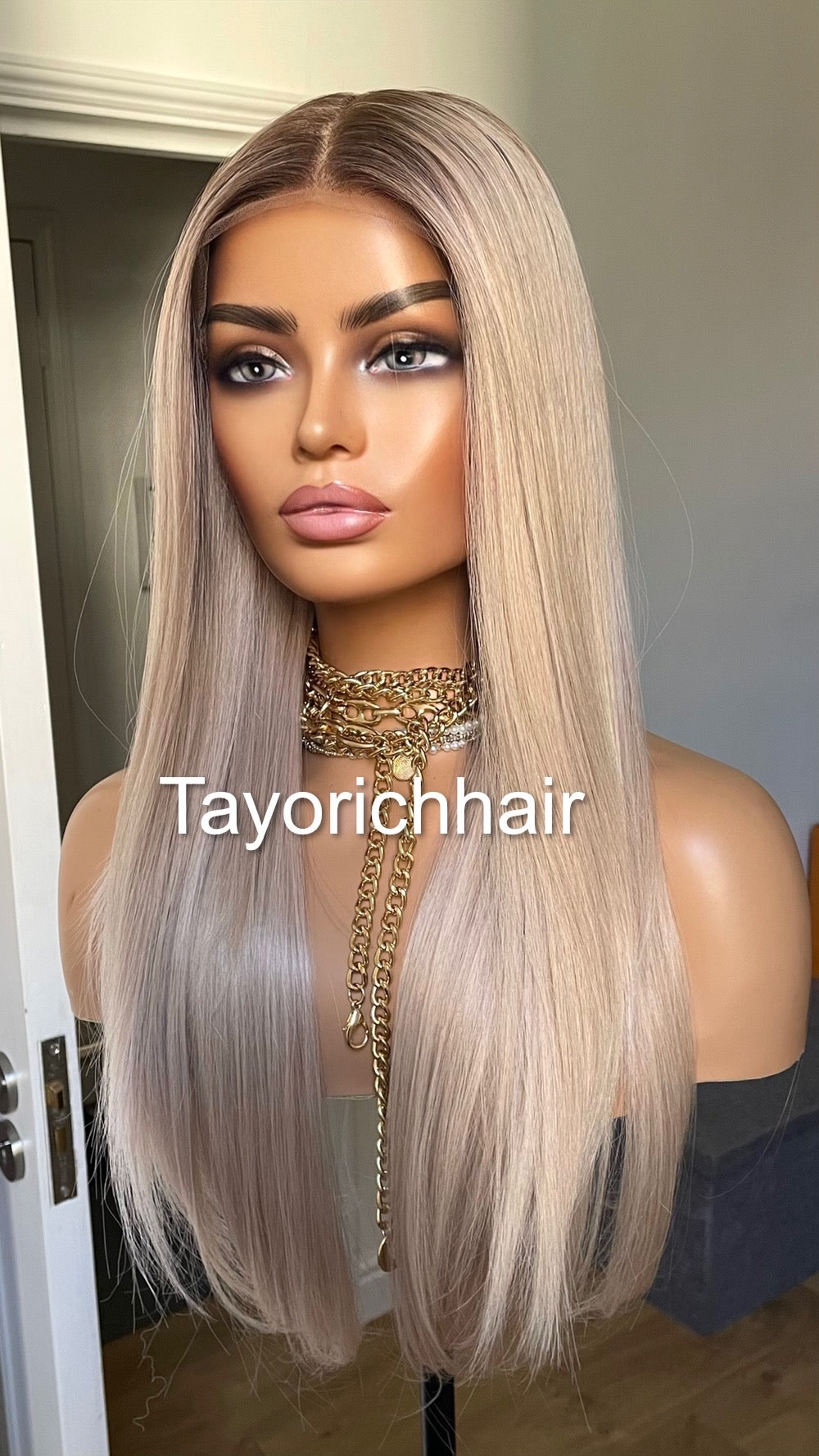 Pearl Blonde Straight Hair Lace Frontal Wig With Dark Roots/ 13 By 6 Lace Wig For Women/ 20 Inches Straight Wig By Tayorichhair