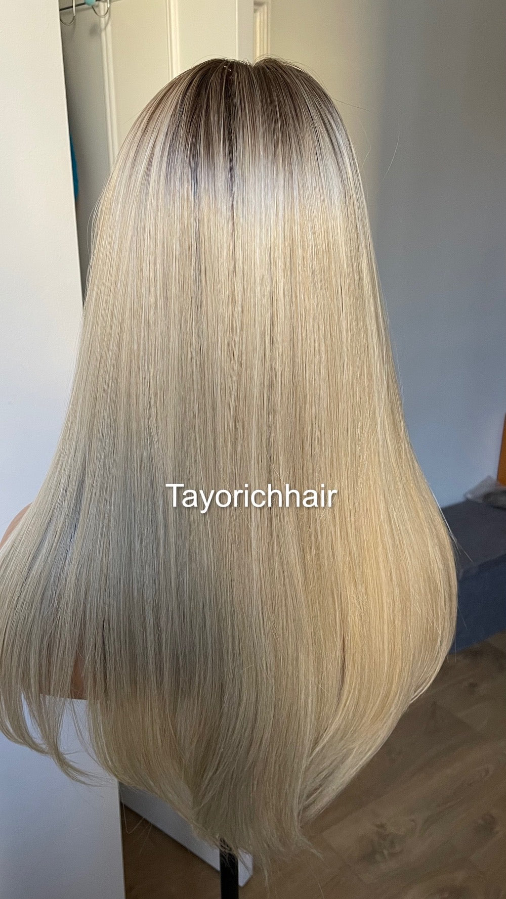 Sun Kissed Blonde Synthetic Lace Frontal Wig With Dark Roots/ 18 inches Straight Blonde Wig With 13x6 Wide Swiss Lace/ Heat Friendly Wigs