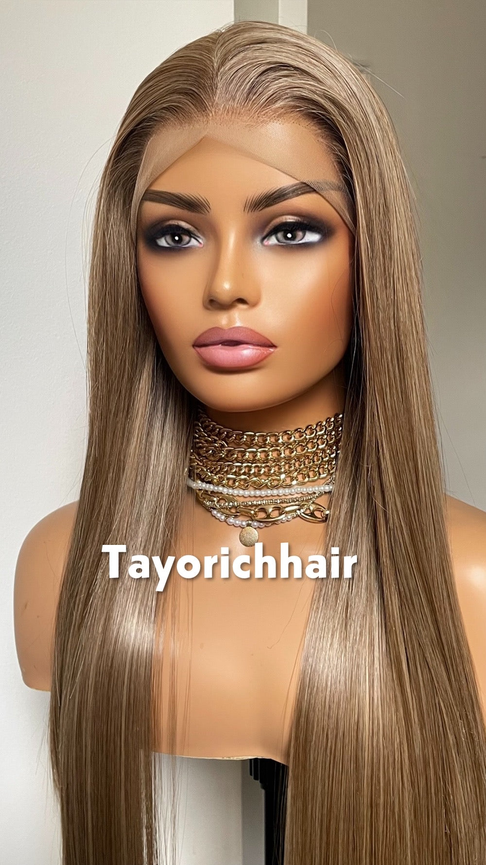 Long Elegant Mixed Dark And Natural Ash Blonde Hair Wig|Straight Blonde Heat Friendly Wig|Free Part Handtied Lace Front Wig|Natural Wigs