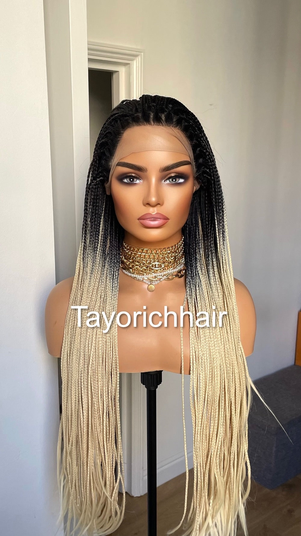 Ombré Braided Lace Wig Blonde And Black Braids/ Extra Long Synthetic Braids 28 Inches/READY FOR SHIPPING