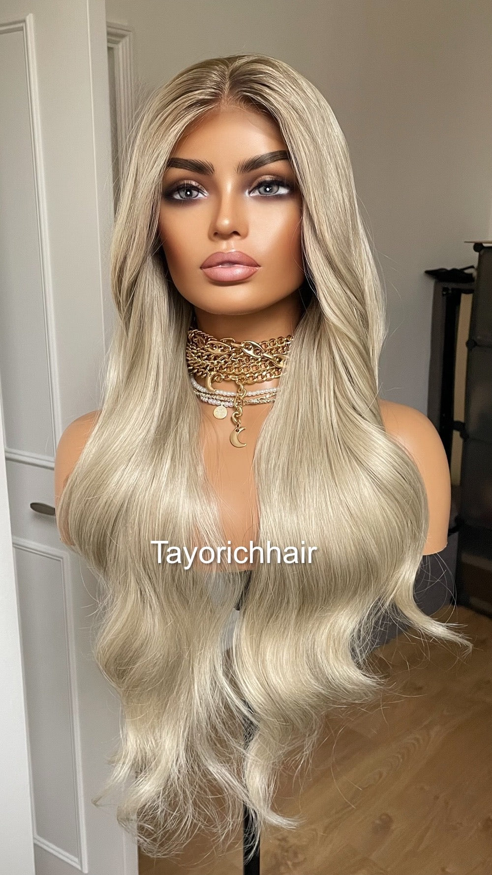 Platinum Blonde Lace Frontal Wig With Dark Ash Roots/Rooted Blonde Heat Friendly Synthetic Wig/ Blonde Bouncy Wavy Wig By Tayorichhair