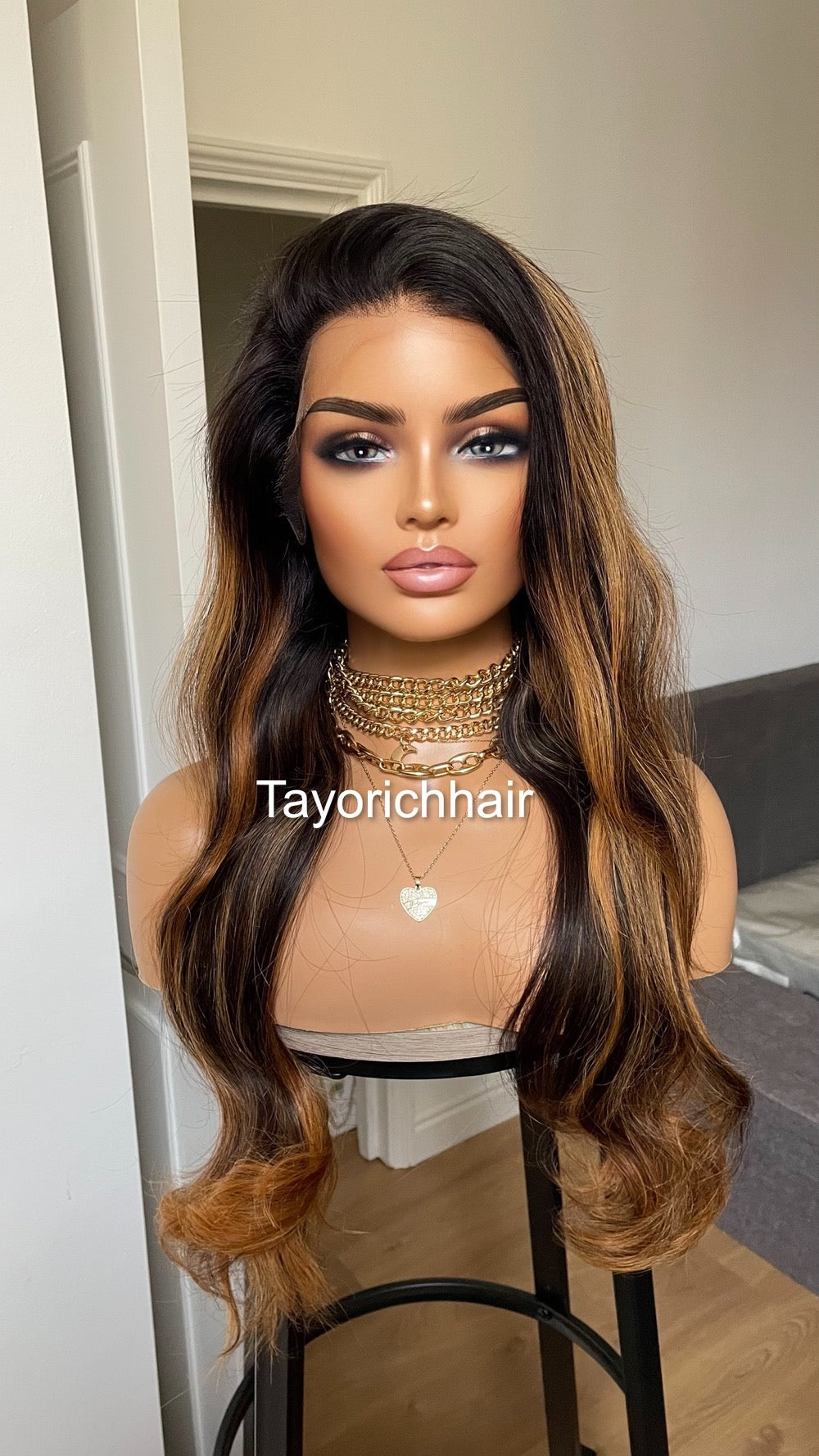 Ombre Black Real Human Hair With Warm Golden Blonde Highlights/ 24 inches Human Hair Lace Wig