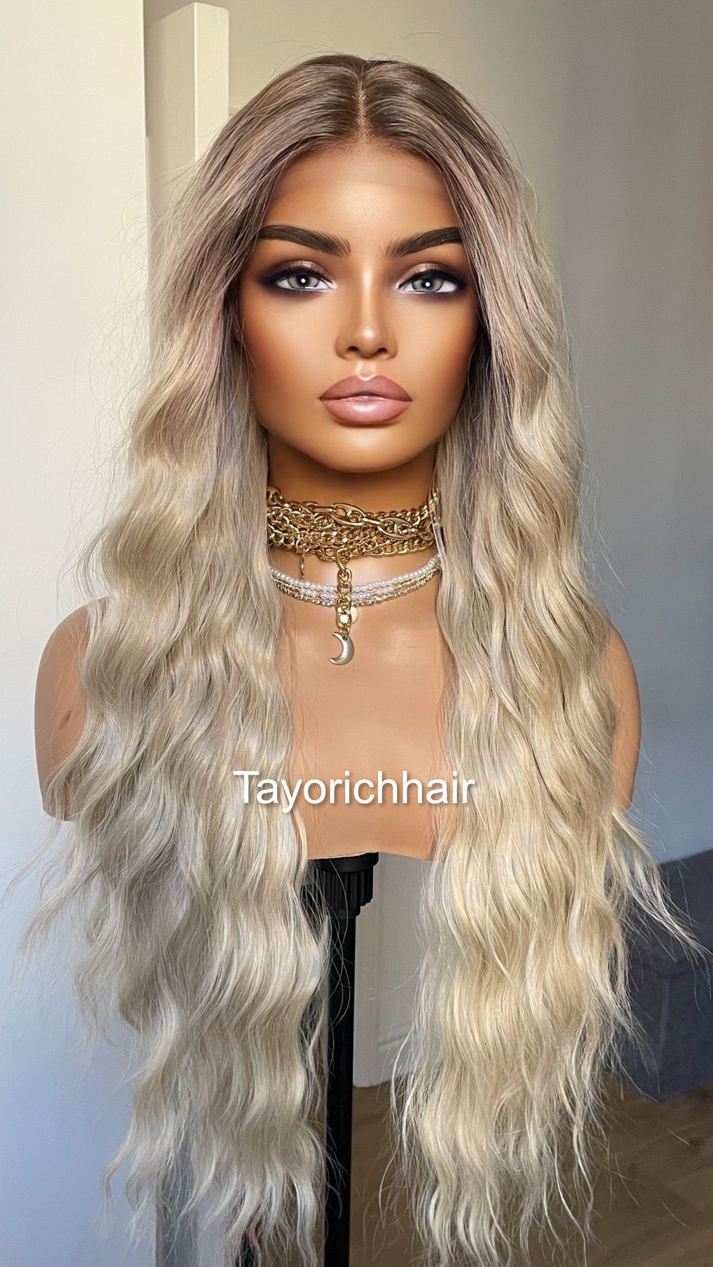 Sun Kissed Platinum Blonde Lace Wig With Dark Roots/13 By 6 Wide Lace Heat Safe Synthetic Wig/Beach Waves Blonde Hair Wig By Tayorichhair