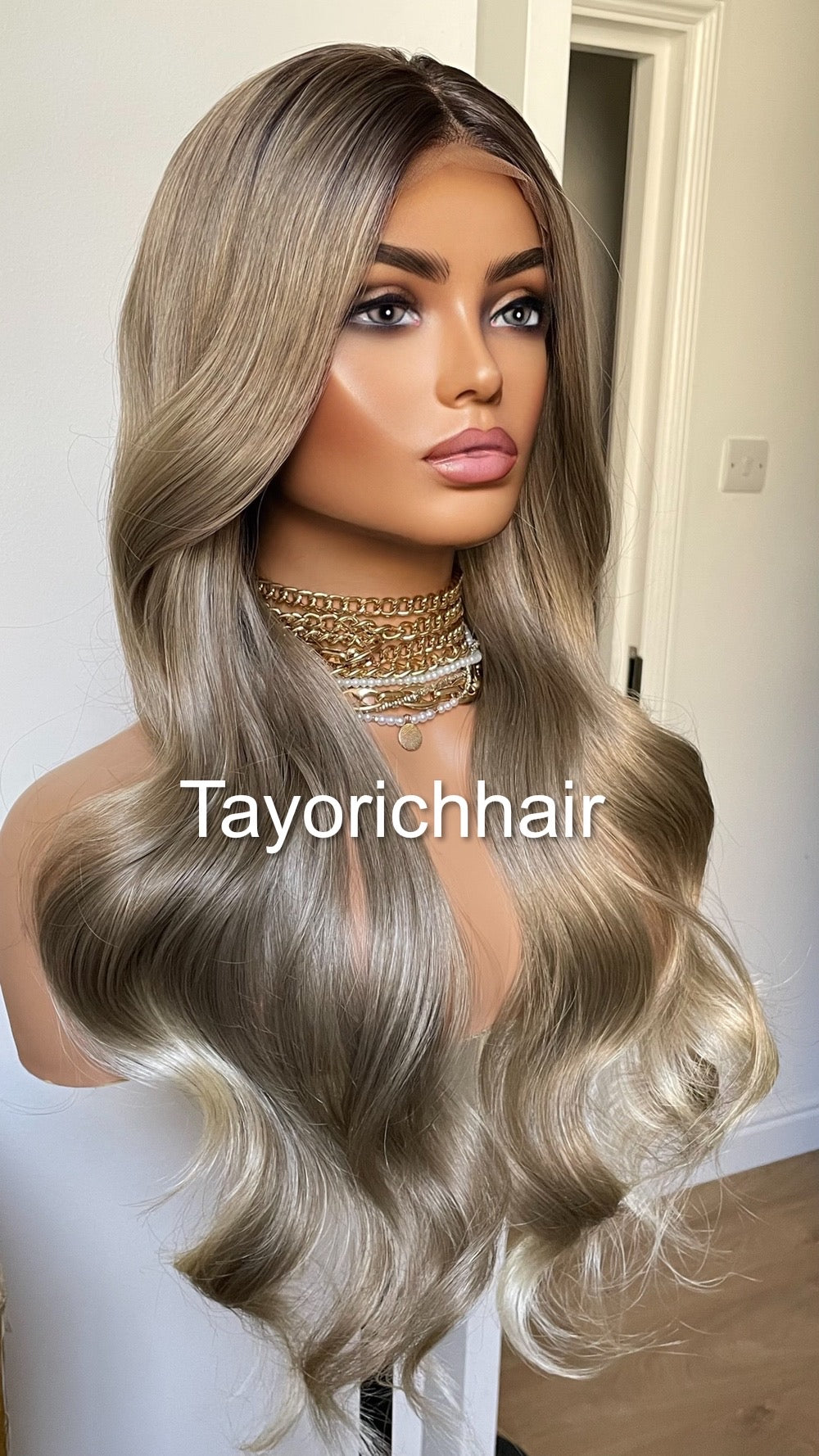 Dark Ash Blonde Synthetic Wig With Dark Roots/24 Inches Wavy Hair Lace Frontal Wig By Tayorichhair.