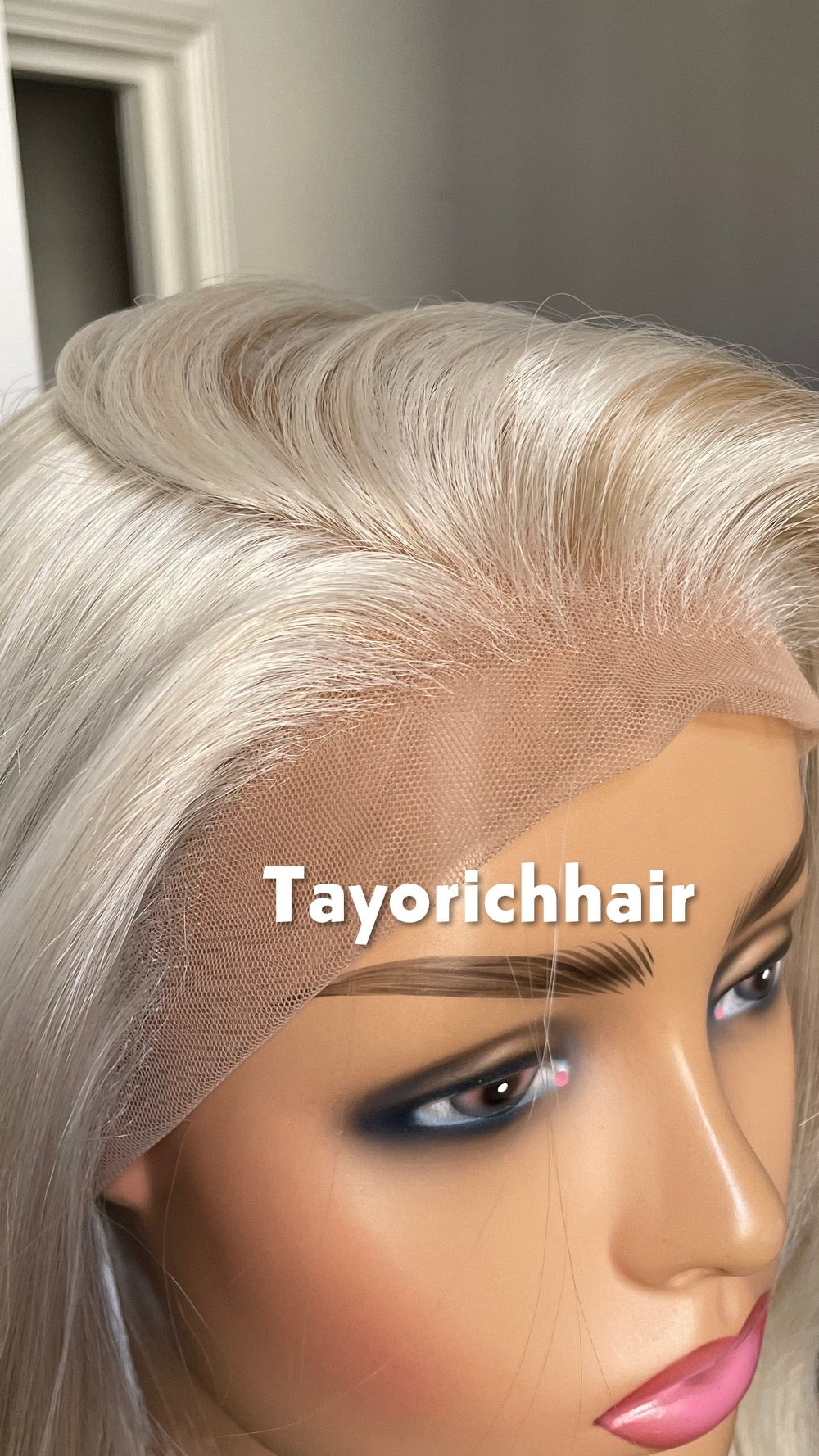 Scandinavian Platinum Blonde Lace Frontal Wig: Lowlights Heat-Friendly Synthetic Wig, 16 Inch Hair By Tayorichhair