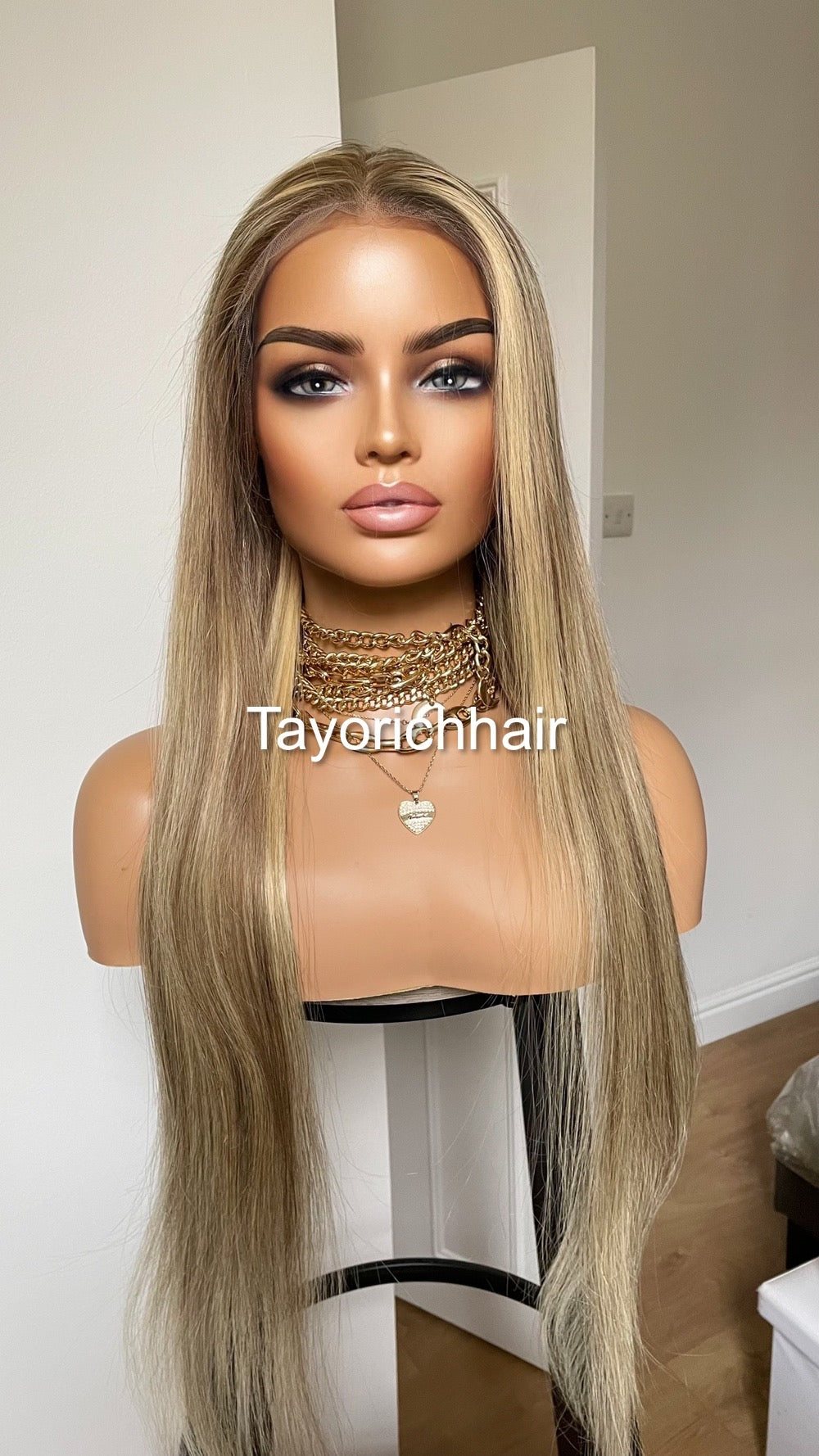 26 Inches Dark Ash Blonde HD Lace Human Hair Wig With Highlights