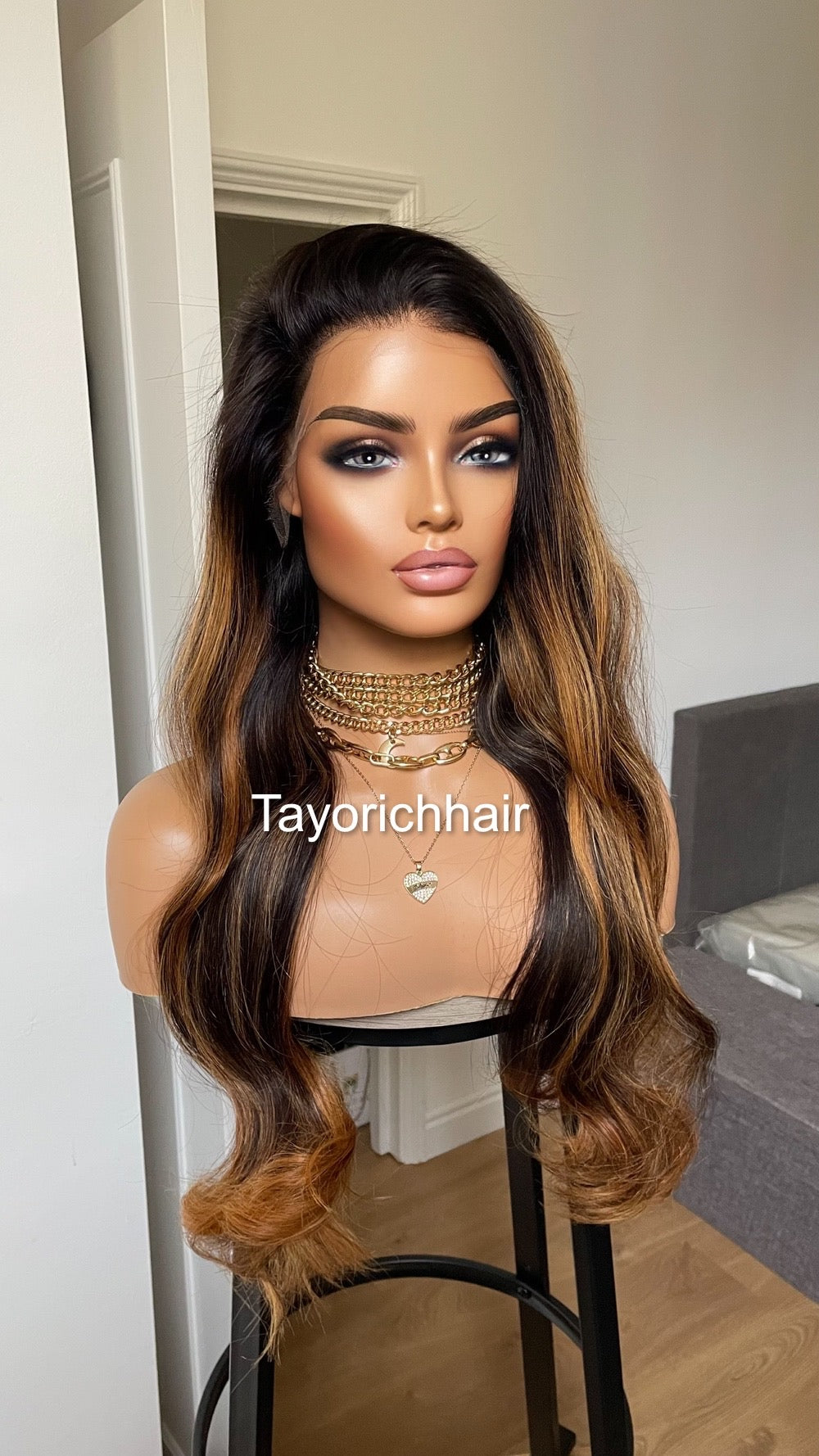Ombre Black Real Human Hair With Warm Golden Blonde Highlights/ 24 inches Human Hair Lace Wig